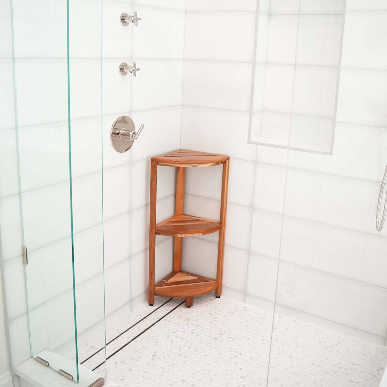 Alt View 1. EcoDecors - EcoDecors® SnazzyCorner® 27.5"H Teak Wood 3-Tier Corner Shelf – EarthyTeak Finish - EarthyTeak.