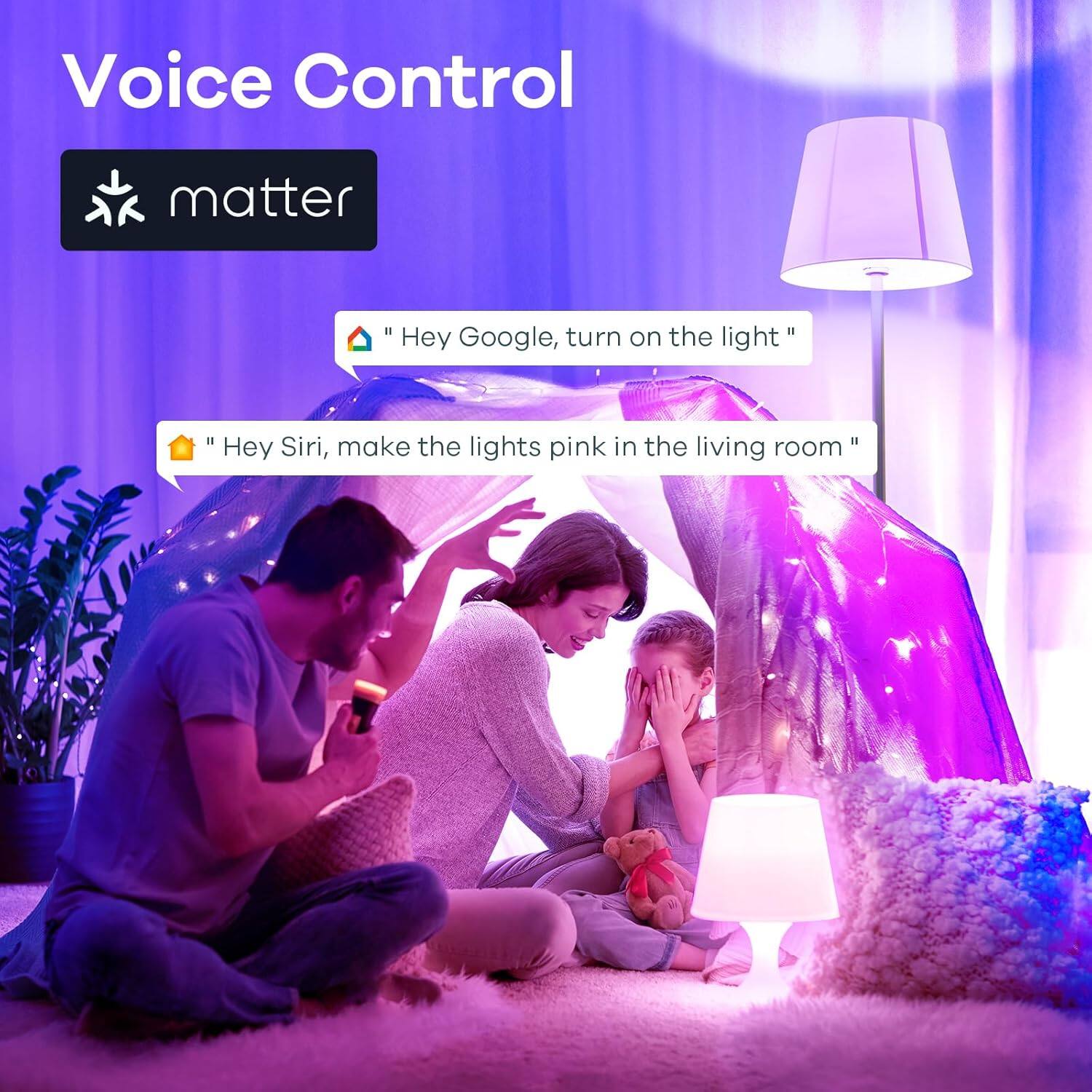 Voice Control  
matter

"Hey Google, turn on the light"  
"Hey Siri, make the lights pink in the living room"