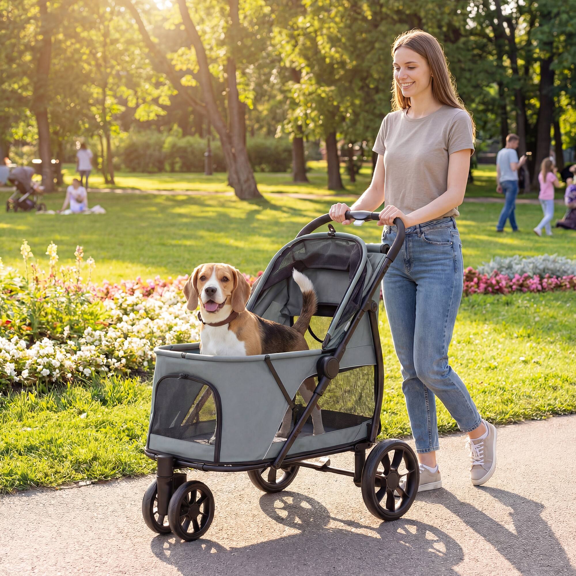 Alt View 1. Pawhut - Wheel Pet Stroller with Easy One-Click Quick Fold, Mesh Window, Washable Cushion - Gray.