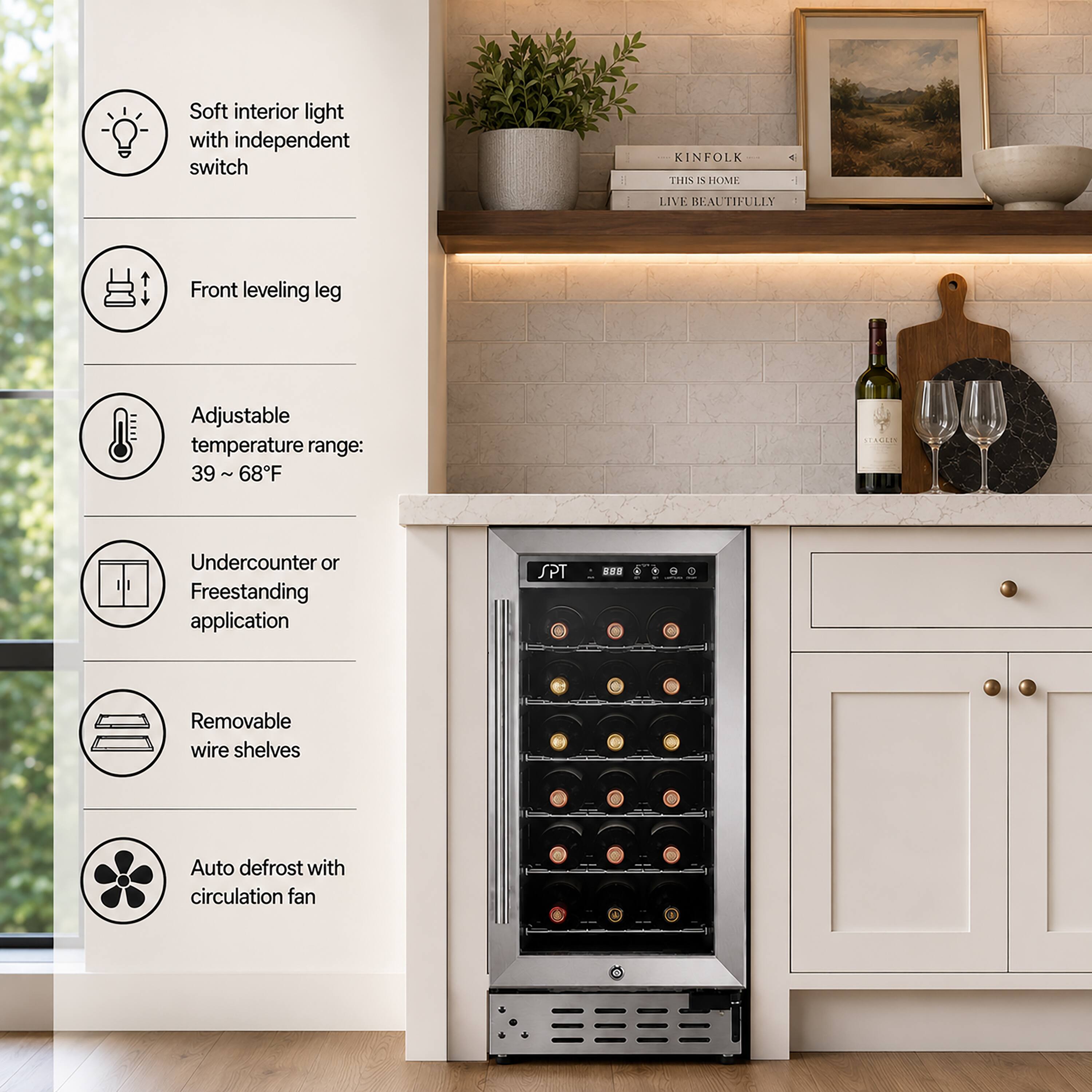 Soft interior light with independent switch  
KINFOLK  
THIS IS HOME  
LIVE BEAUTIFULLY  

Front leveling leg  
Adjustable temperature range: 39 - 68°F  
Undercounter or Freestanding application  
SPT - Removable wire shelves  
Auto defrost with circulation fan