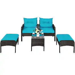 Costway - 5 PCS Patio Rattan Furniture Set Sofa Ottoman Table Cushioned - Turquoise