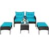 Costway - 5 PCS Patio Rattan Furniture Set Sofa Ottoman Table Cushioned - Turquoise