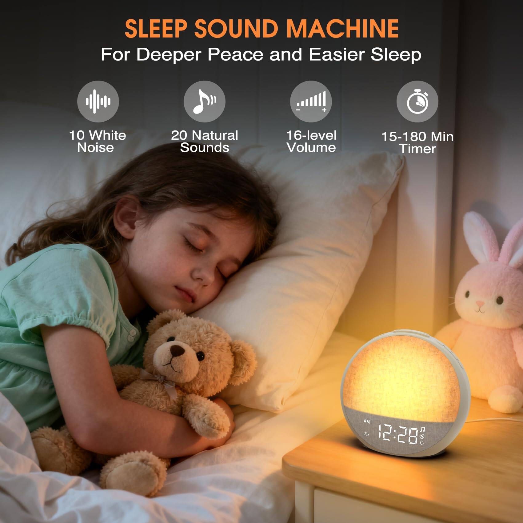 SLEEP SOUND MACHINE  
For Deeper Peace and Easier Sleep  

- 10 White Noise  
- 20 Natural Sounds  
- 16-level Volume  
- 15-180 Min Timer  

AM 12:28