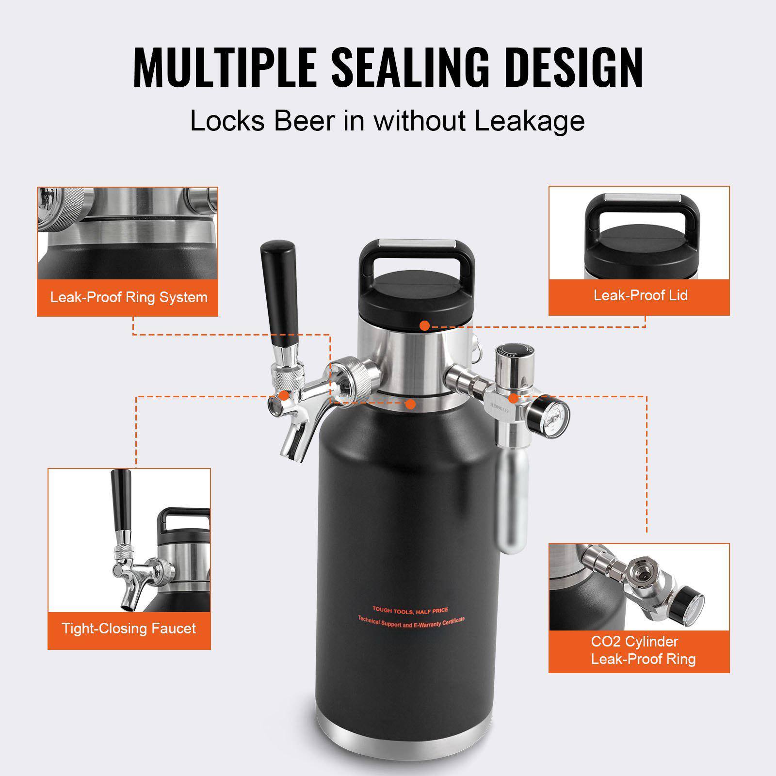 MULTIPLE SEALING DESIGN  
Locks Beer in without Leakage  

- Leak-Proof Ring System  
- Leak-Proof Lid  
- Tight-Closing Faucet  
- CO2 Cylinder Leak-Proof Ring