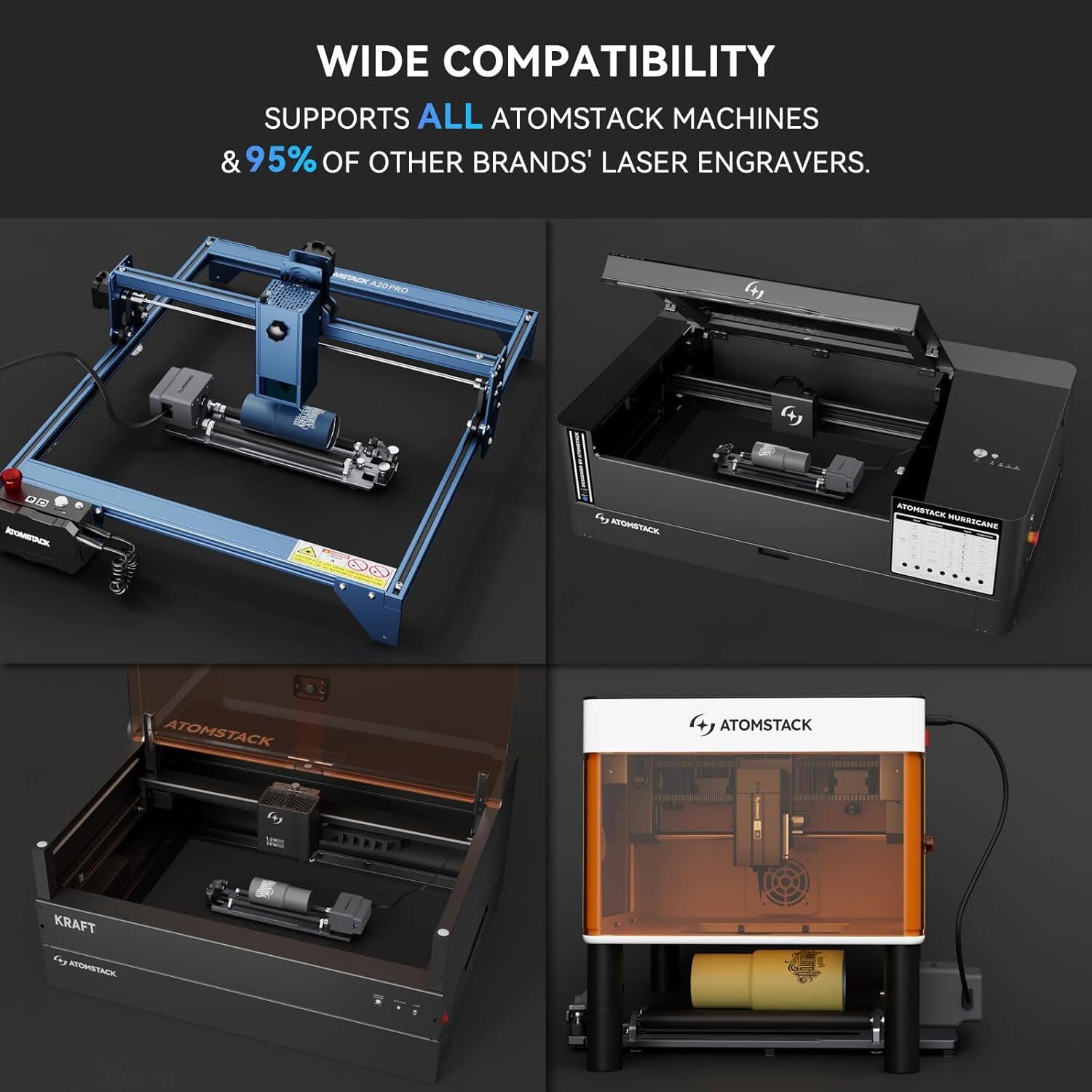WIDE COMPATIBILITY SUPPORTS ALL ATOMSTACK MACHINES & 95% OF OTHER BRANDS' LASER ENGRAVERS.