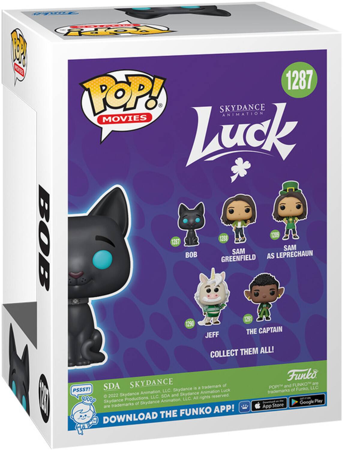 POP! MOVIES, SKYDANCE ANIMATION, LUCK, 1287, BOB, 1288, GREENFIELD, SAM AS LEPRECHAUN, 1289, 1290, THE CAPTAIN, JEFF, COLLECT THEM ALL!, FUNKO, SDA, 2022 Skydance Animation, LLC, Skydance Productions, LLC, FUNKO, LLC, App Store, Google Play, DOWNLOAD THE FUNKO APP!