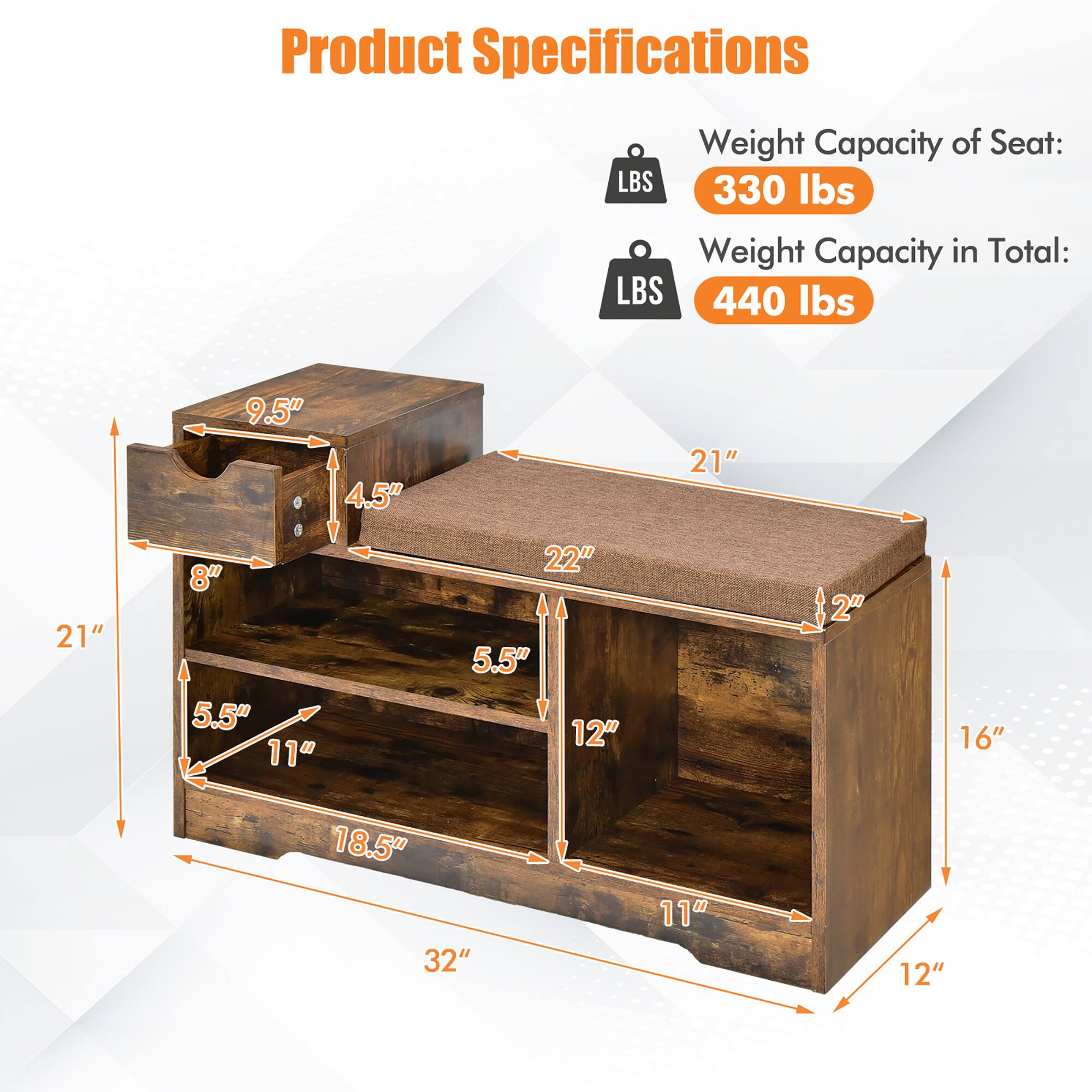 Product Specifications:
- Weight Capacity of Seat: 330 lbs
- Weight Capacity in Total: 440 lbs
- Dimensions:
  - 9.5" x 4.5" x 21"
  - 21" x 21" x 8"
  - 5.5" x 11" x 22"
  - 5.5" x 12" x 2"
  - 16" x 18.5" x 32"
  - 11" x 12" x 1"