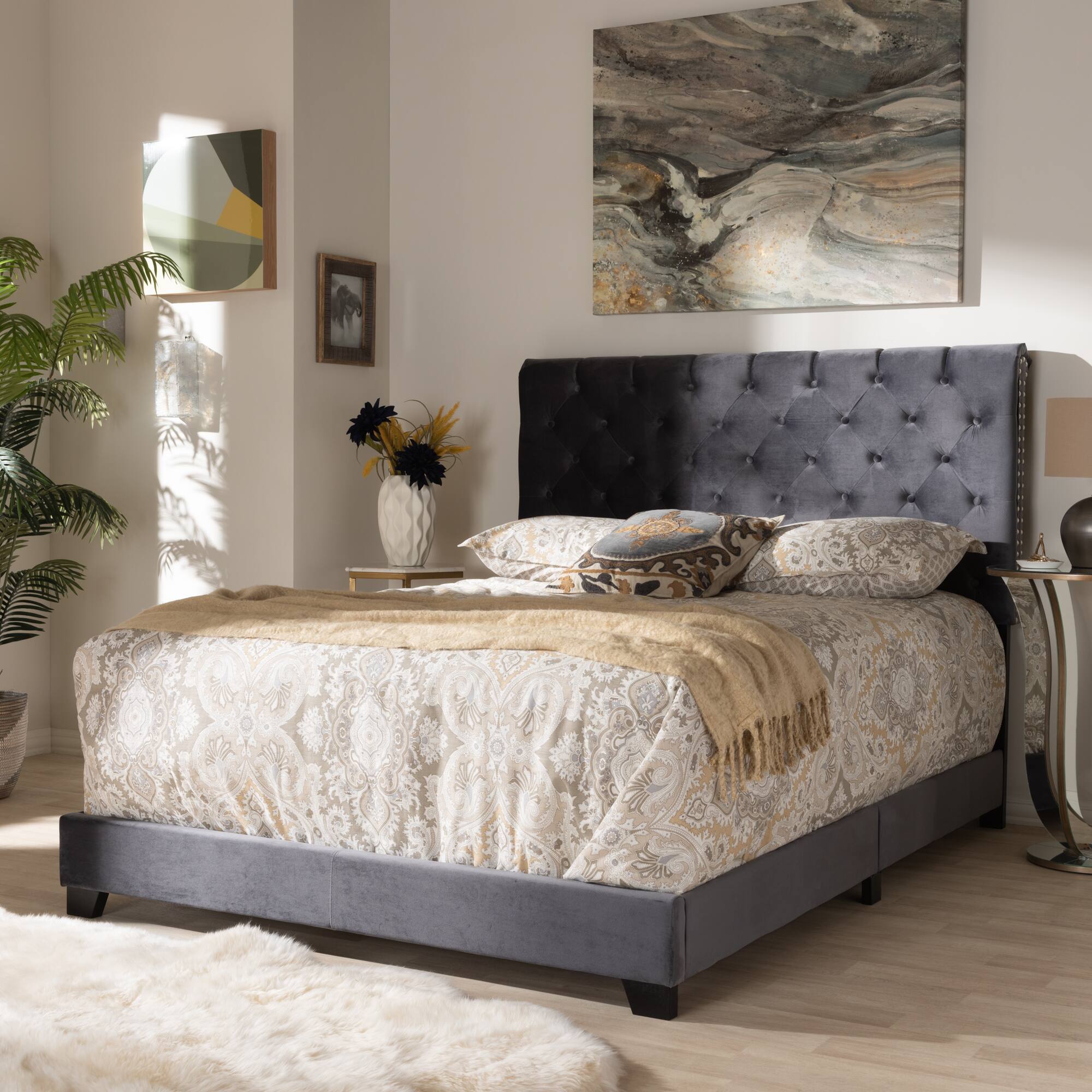 Alt View 2. Baxton Studio - Candace Luxe and Glamour Velvet Upholstered Bed - Dark Grey.