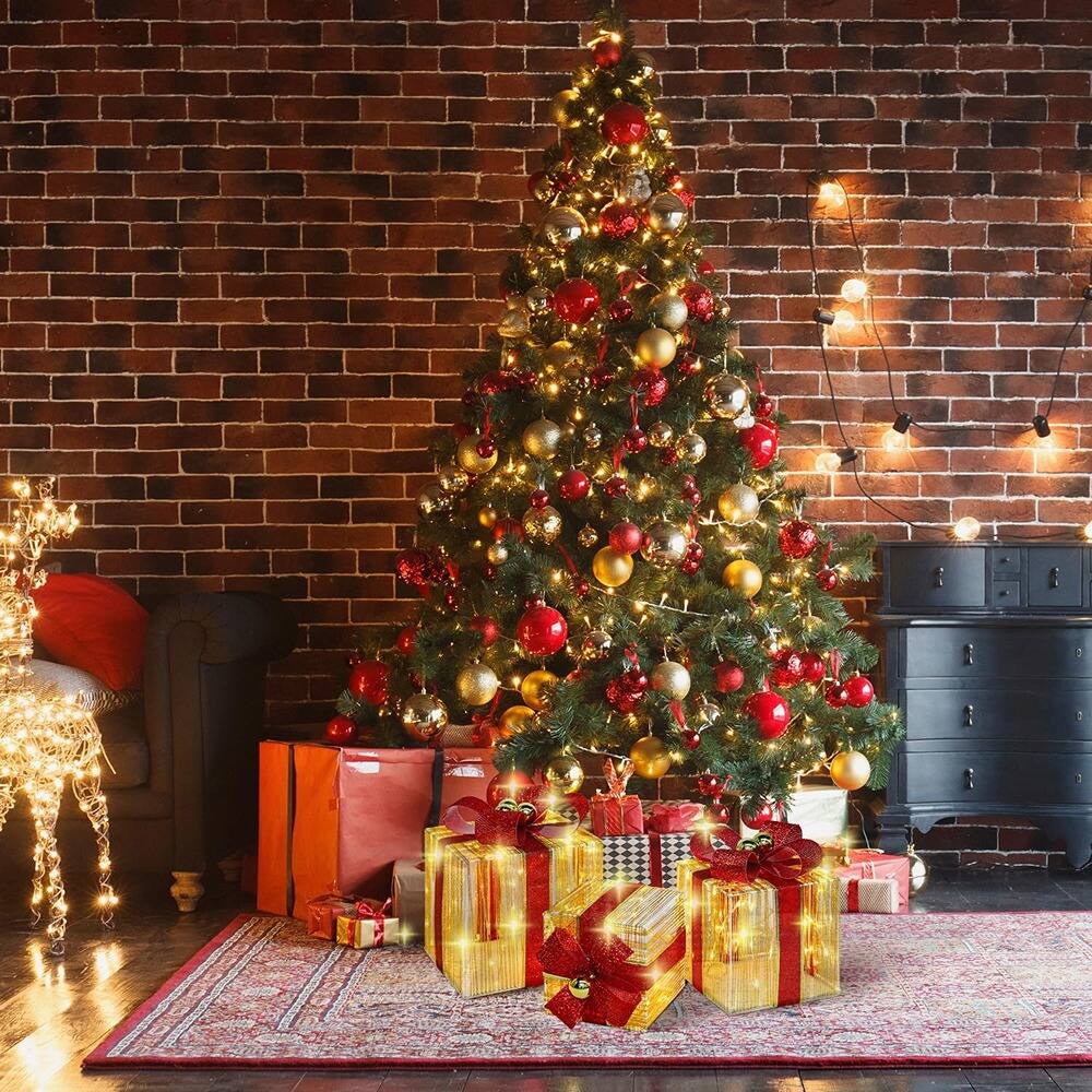 Back. RTMB - Set of 3 LED Christmas Gift Boxes, 140 Lights, Metal Frame w/ Gold Accents - Warm White.