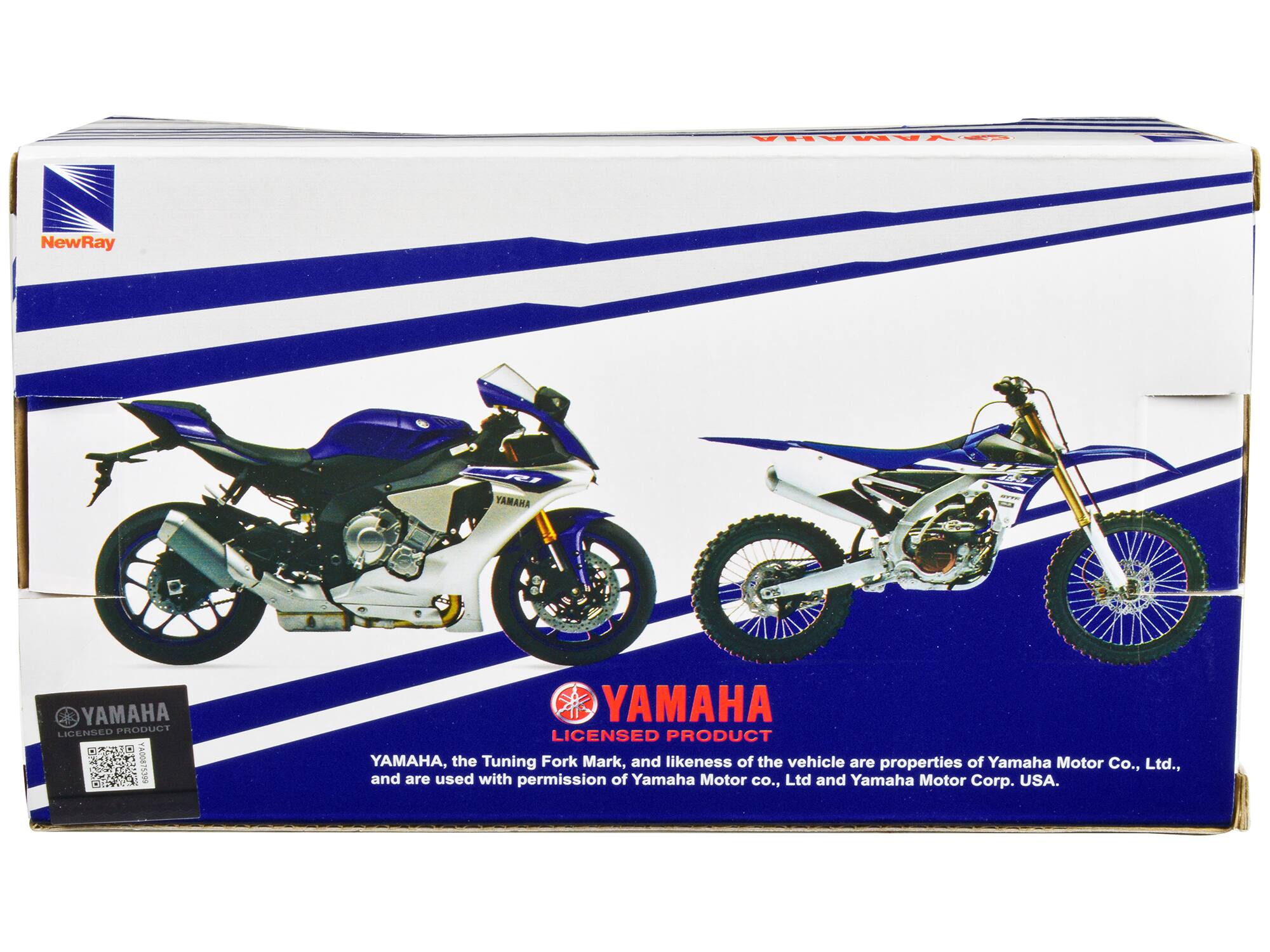 EYAMAHA NewRay YAMAHA - YAMAHA LICENSED PRODUCT A00875309 YAMAHA LICENSED PRODUCT YAMAHA, the Tuning Fork Mark, and likeness of the vehicle are properties of Yamaha Motor Co., Ltd., and are used with permission of Yamaha Motor Co., Ltd. and Yamaha Motor Corp. USA.