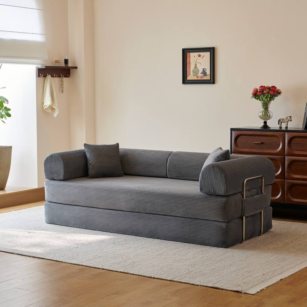 Left. Loheer - Loheer 78.8" Compression Sofa Floor Sofa Bed Grey Corduroy Futon Couch Modular Sectional Sofa - Grey.