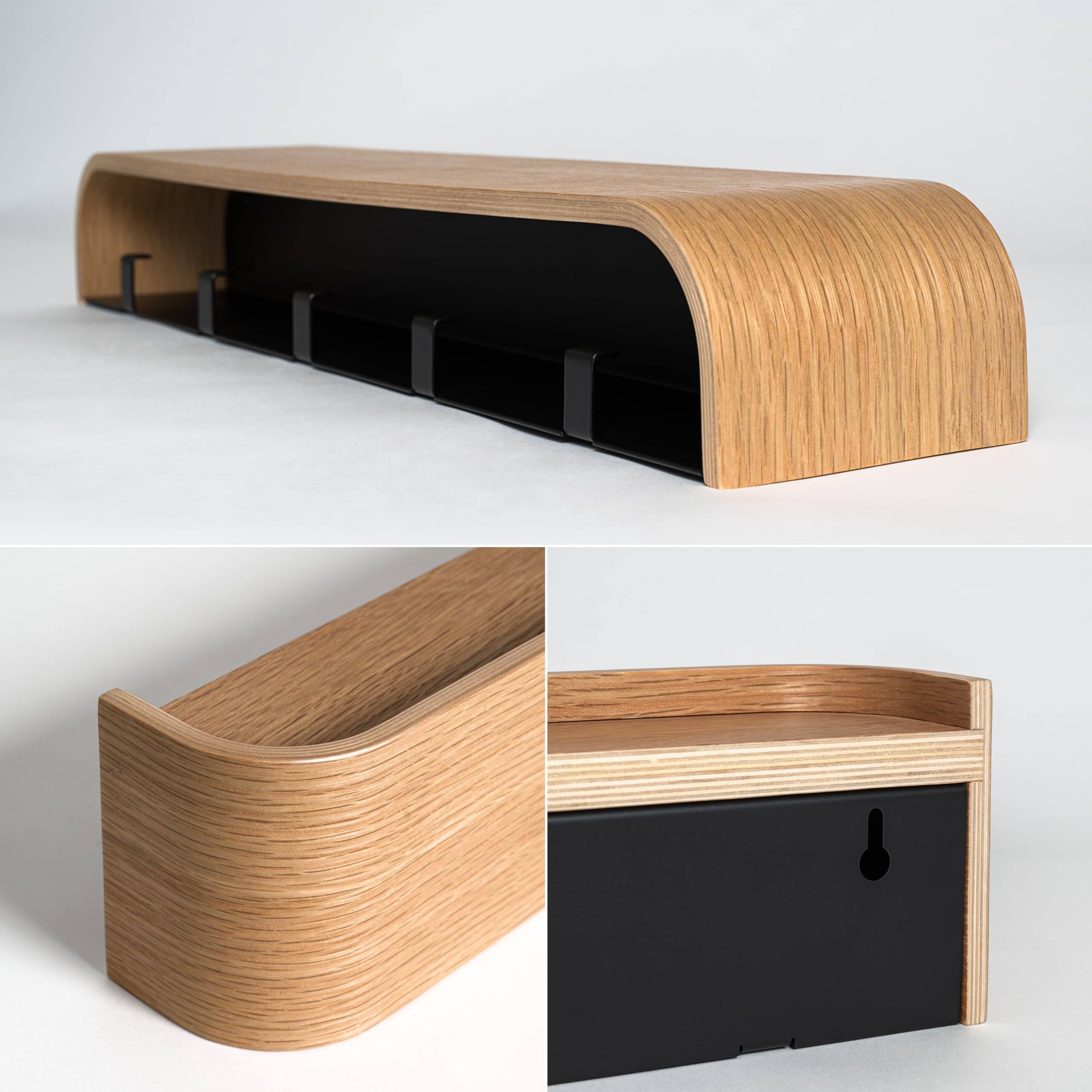 Left. HM 1810 - Wall-mounted Coat Rack 'toke' - Modern Design With Wall Hooks Solid Wood Veneer Panel Hanger Oak - Oak 8 Hooks.