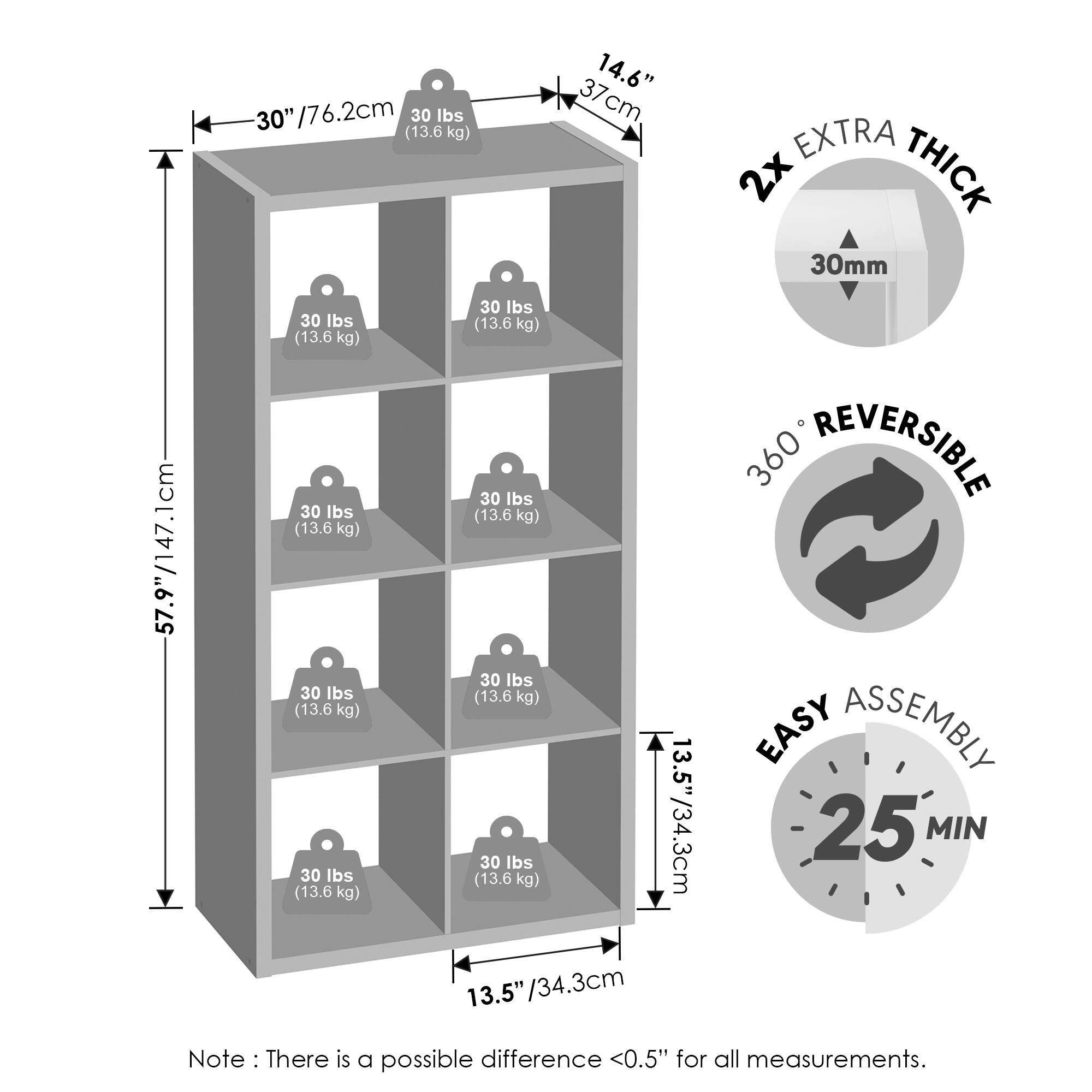 30" / 76.2cm  
30 lbs (13.6 kg)  
37" / 37cm  
EXTRA 2x THICK 30mm  
57.9" / 147.1cm  
14.6" / 37cm  
13.5" / 34.3cm  
360° REVERSIBLE  
EASY ASSEMBLY 25 MIN  
Note: There is a possible difference <0.5" for all measurements.