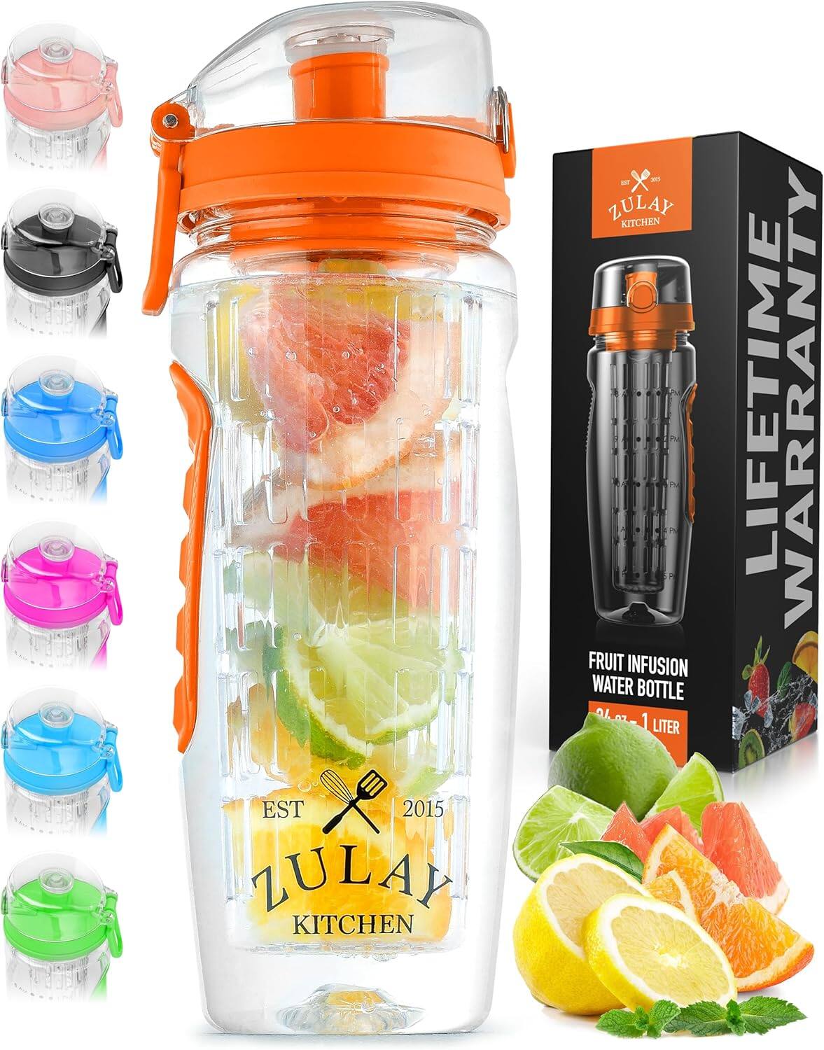 Zulay Kitchen - Fruit Infuser Water Bottle - 34oz - Leakproof With Full-Length Infusion Rod - Orange