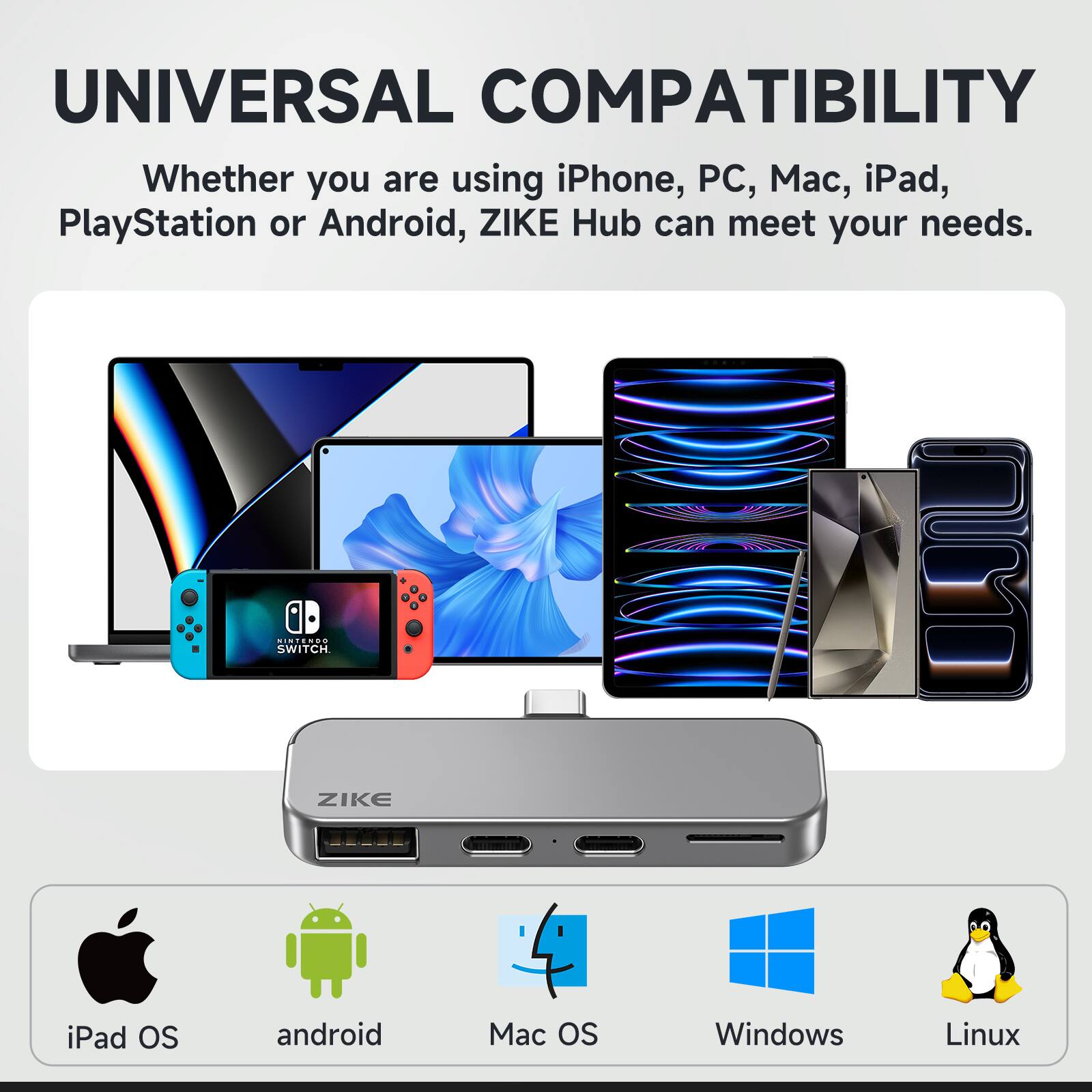 Zike Z806 USB C 4 in 1 USB C Hub, 27W Fast Charging, Dock for