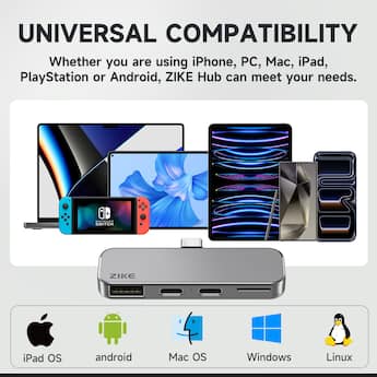 Zike Z806 USB C Extender for iPhone 17/16/15, 4 in 1 10Gbps Zike Z806 USB C Extender for iPhone 17/16/15, 4 in 1 10Gbps