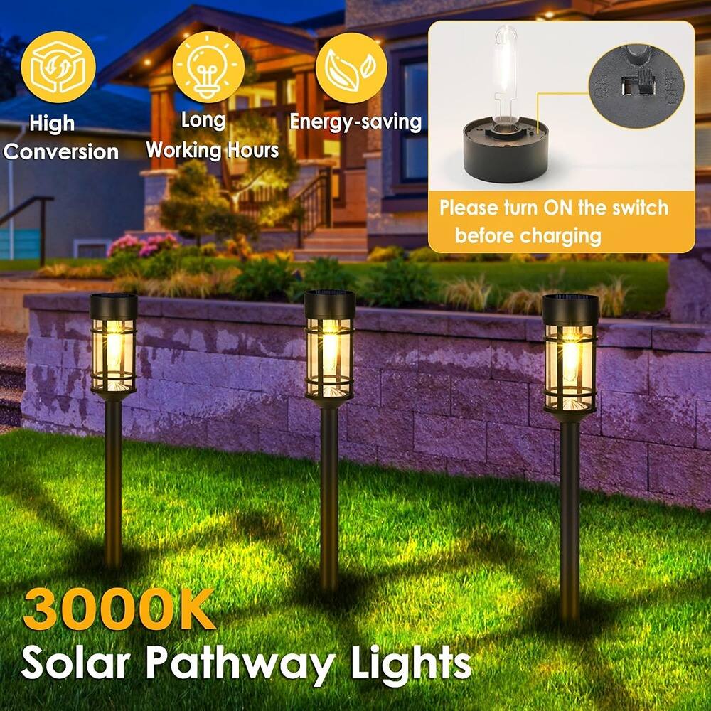 High Conversion  
Long Working Hours  
Energy-saving  

Please turn ON the switch before charging  

3000K Solar Pathway Lights