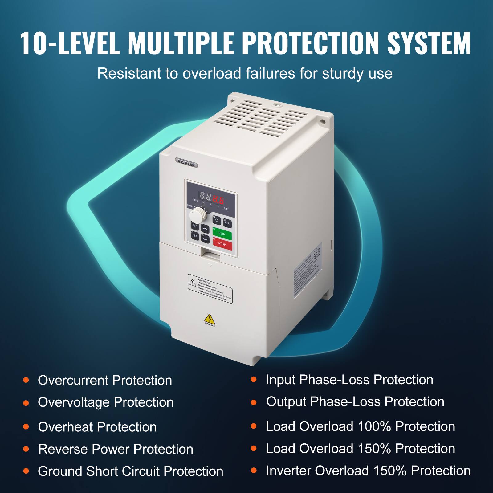 10-LEVEL MULTIPLE PROTECTION SYSTEM  
Resistant to overload failures for sturdy use

REVOR  
8.8.8.8  
%  
1/k  
STOP  

- Overcurrent Protection  
- Overvoltage Protection  
- Overheat Protection  
- Reverse Power Protection  
- Ground Short Circuit Protection  
- Input Phase-Loss Protection  
- Output Phase-Loss Protection  
- Load Overload 100% Protection  
- Load Overload 150% Protection  
- Inverter Overload 150% Protection