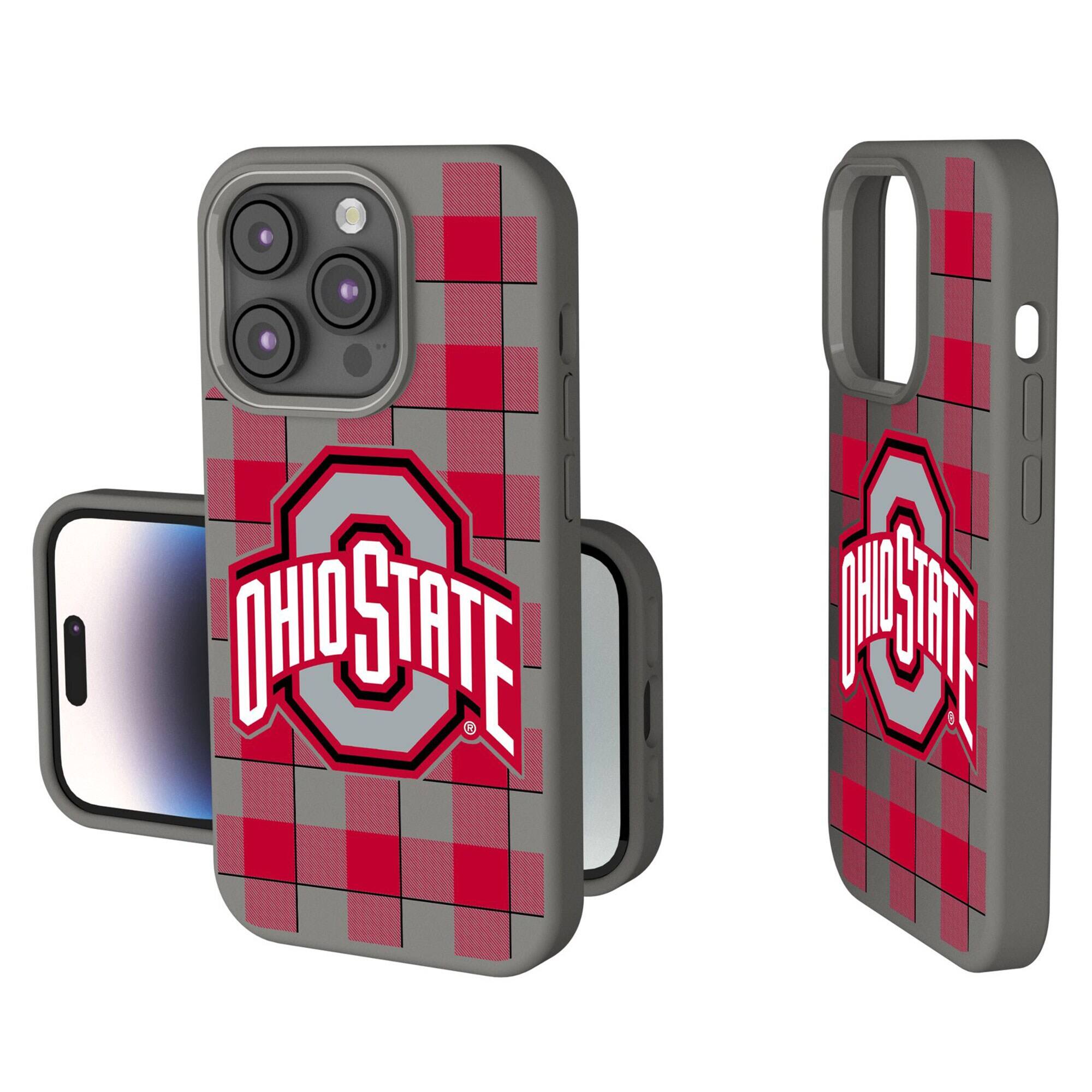 Front. Keyscaper - Ohio State Buckeyes Plaid Soft Touch iPhone Case - 14 Pro - Gray.