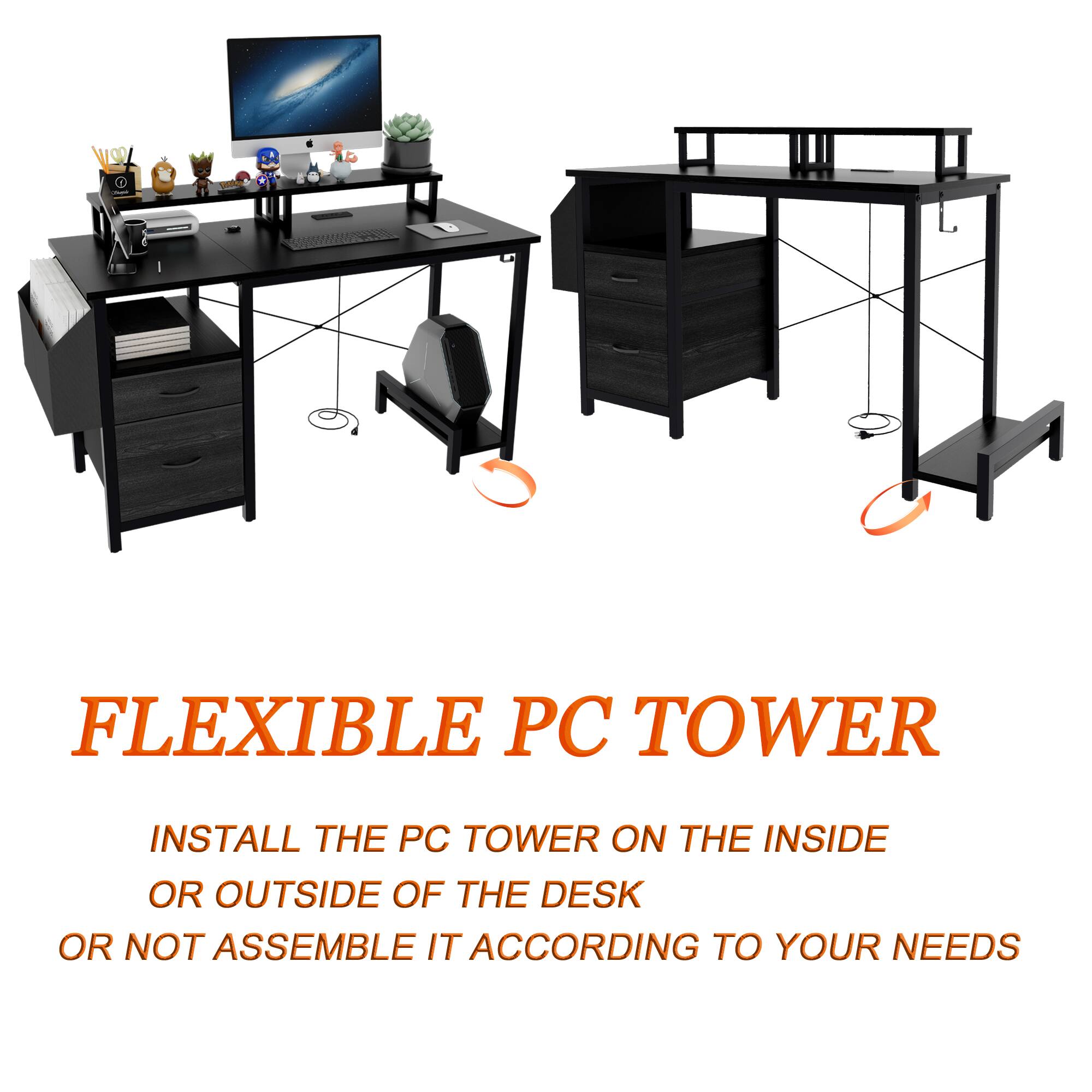 The corrected text is:

"Flexible PC Tower: Install the PC tower on the inside or outside of the desk or not assemble it according to your needs."
