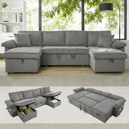 Tiramisubest - 113" 4-Seater Sectional Couch with Storage Chaise,U Shaped Couch with Pull Out Bed | Side Pocket | Charging Ports - Light Gray