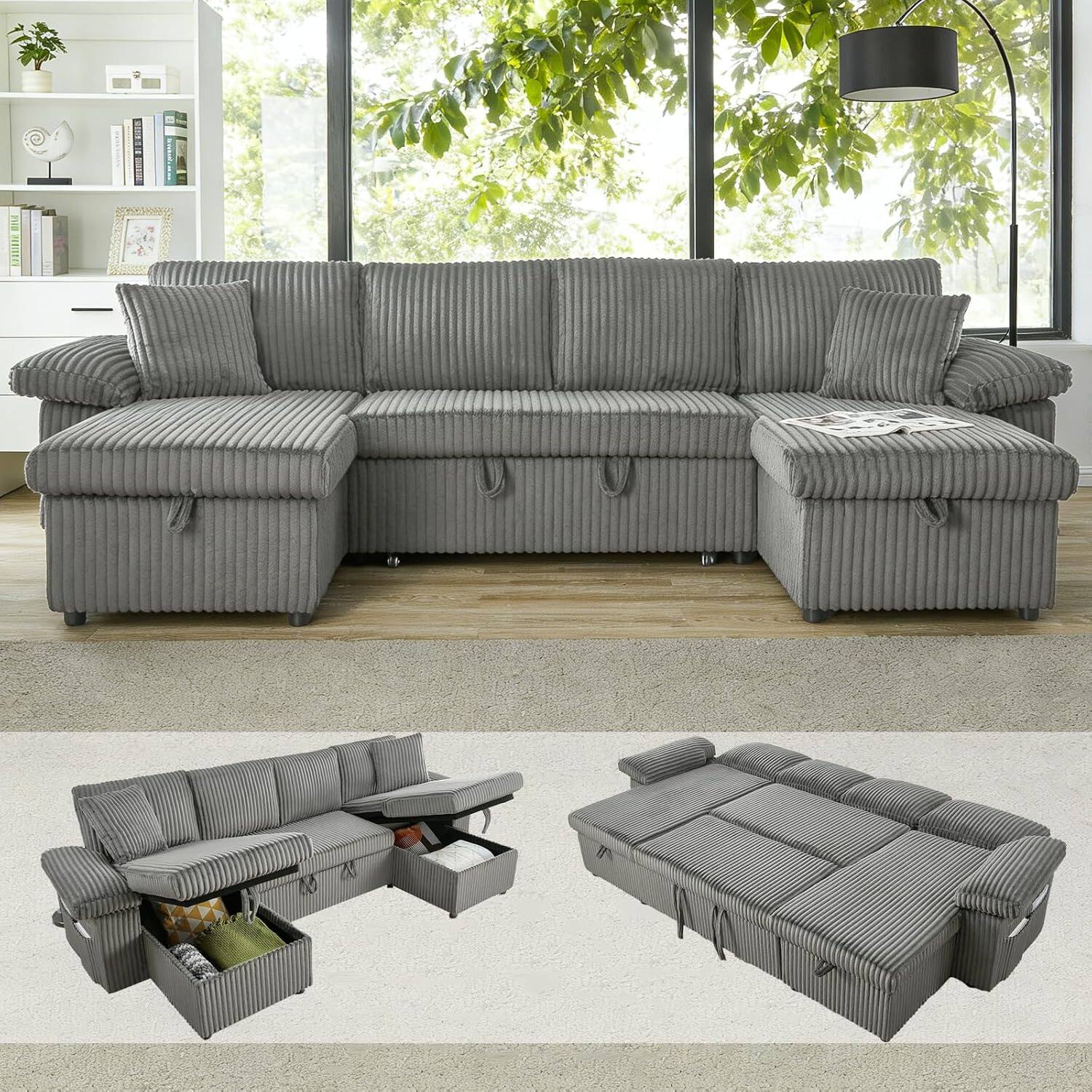 Front. Tiramisubest - 113" 4-Seater Sectional Couch with Storage Chaise,U Shaped Couch with Pull Out Bed | Side Pocket | Charging Ports - Light Grey.