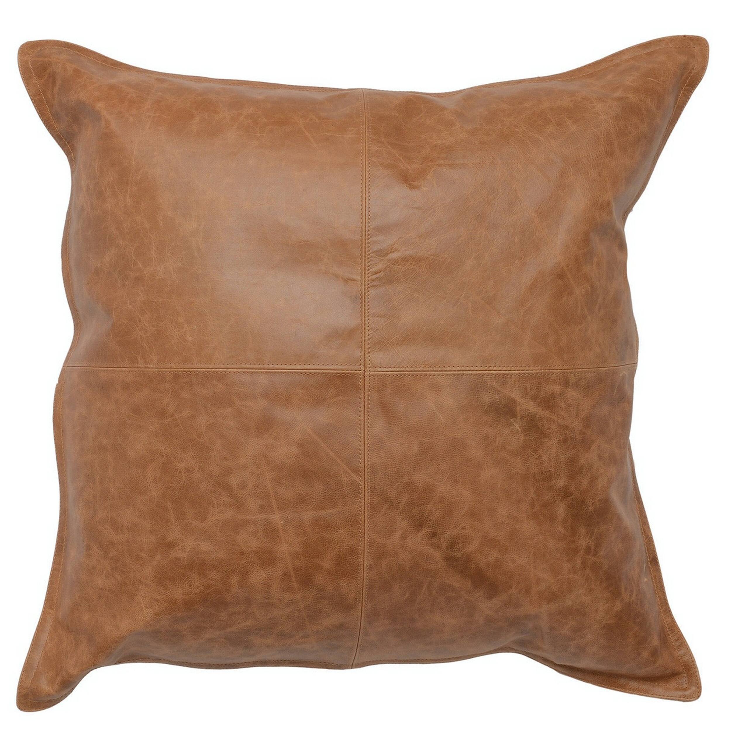 Front. Manhattan Lane - Square Leatherette Throw Pillow with Stitched Details - Brown.