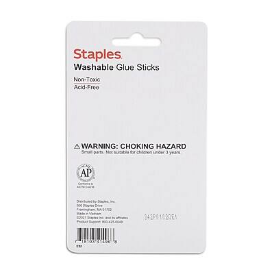 Staples  
Washable Glue Sticks  
Non-Toxic  
Acid-Free  

WARNING: CHOKING HAZARD  
Small parts. Not suitable for children under 3 years.  

AP  
Conforms to ASTM D4236  

Distributed by Staples, Inc.  
Framingham, MA 01701  
©2001 Staples, Inc. and its affiliates.  
MADE IN CHINA  

342P01020E1  
7 18103 41496  
ES1  

800-425-0049