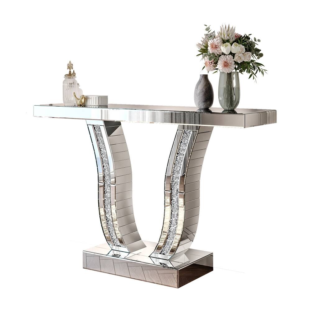 Alt View 8. Loheer - Loheer 43 inch mirrored console table, silver glam entryway table with glass top - Silver.