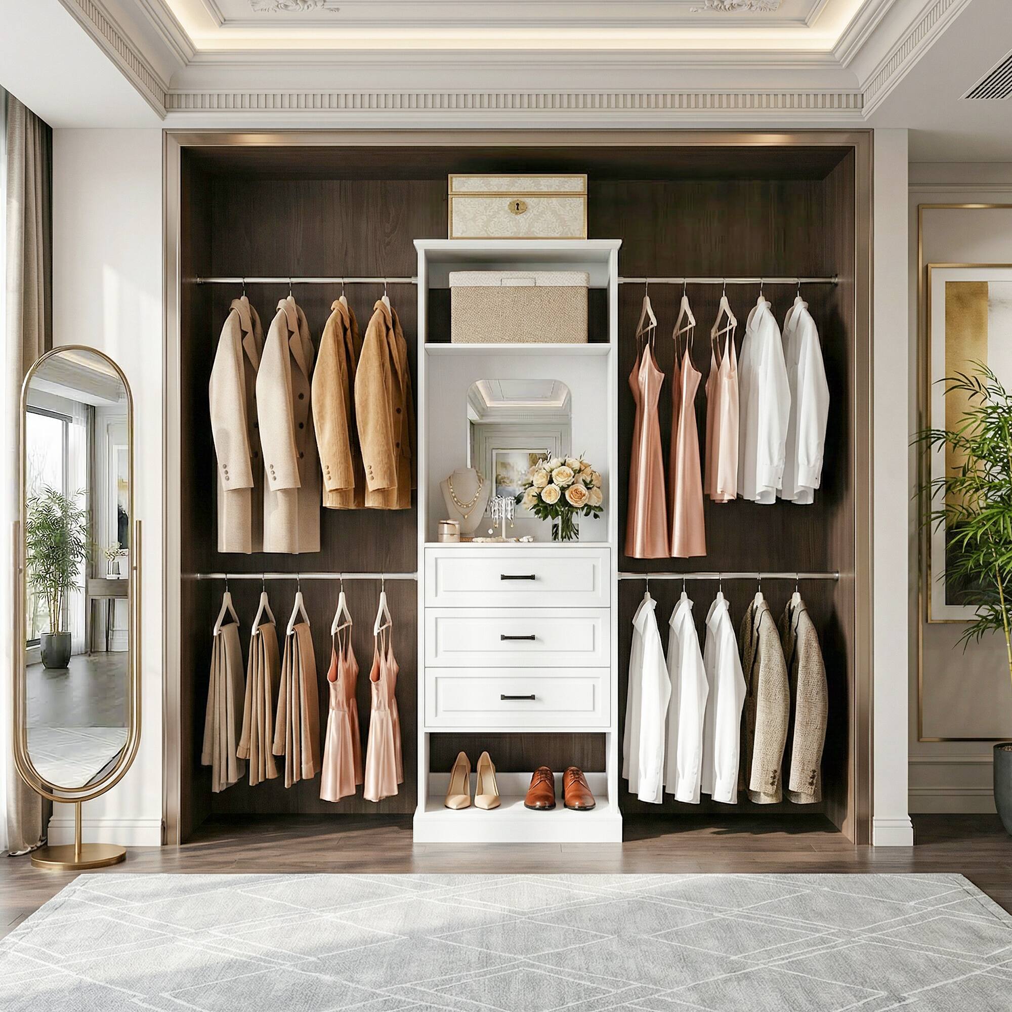 Alt View 1. Aheaplus - 26'' - 110'' W Adjustable Closet Organizer System with 3 Drawers, 4 Retractable Hanging Rods and Mirror - White.