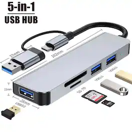 Cluzine - 5-in-1 Type-C & USB Hub USB 3.0 2.0 TF SD Card Reader Docking Station Multi Port Splitter for Laptop