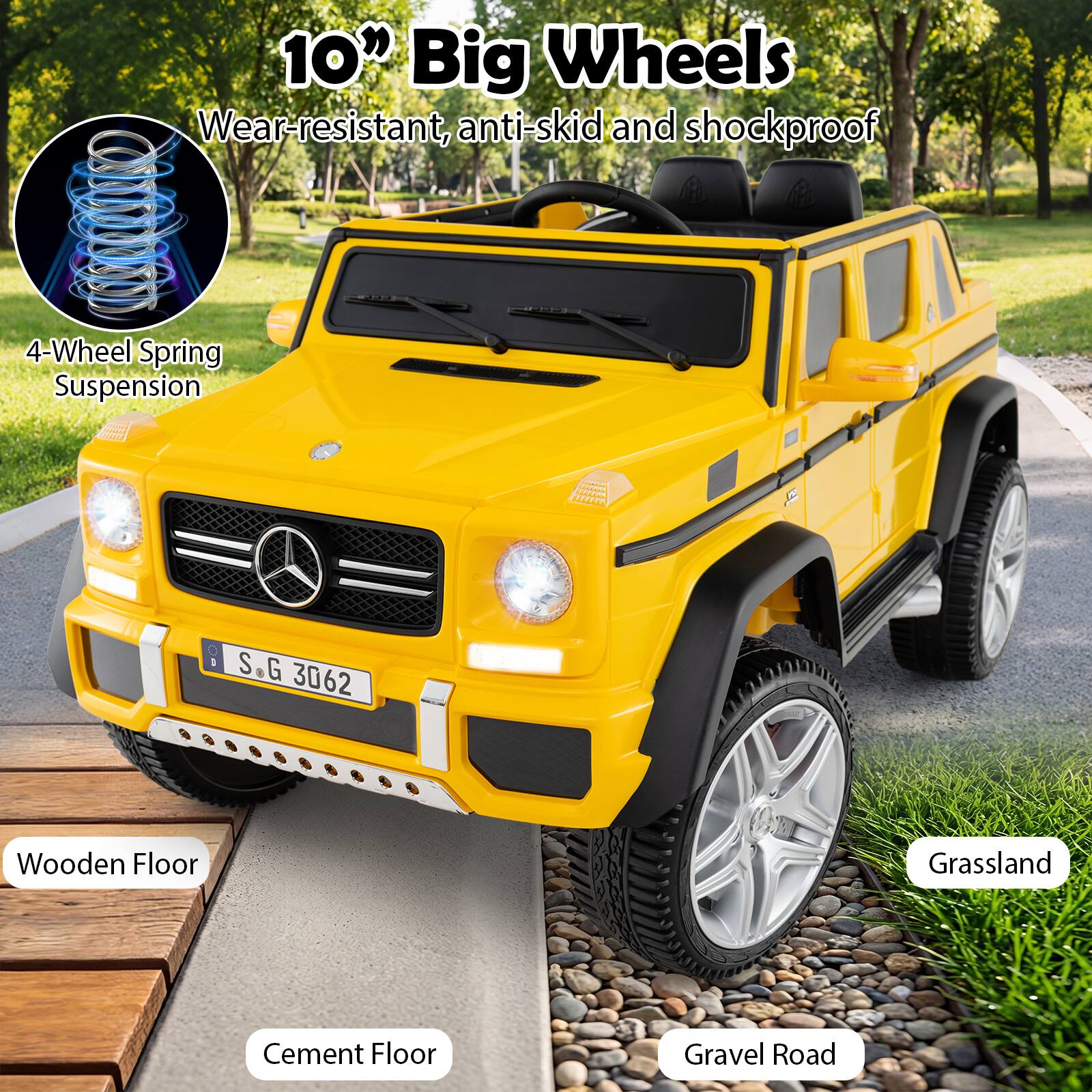 10" Big Wheels  
Wear-resistant, anti-skid and shockproof  
4-Wheel Spring Suspension  
S.G 3062  
Wooden Floor  
Grassland  
Cement Floor  
Gravel Road