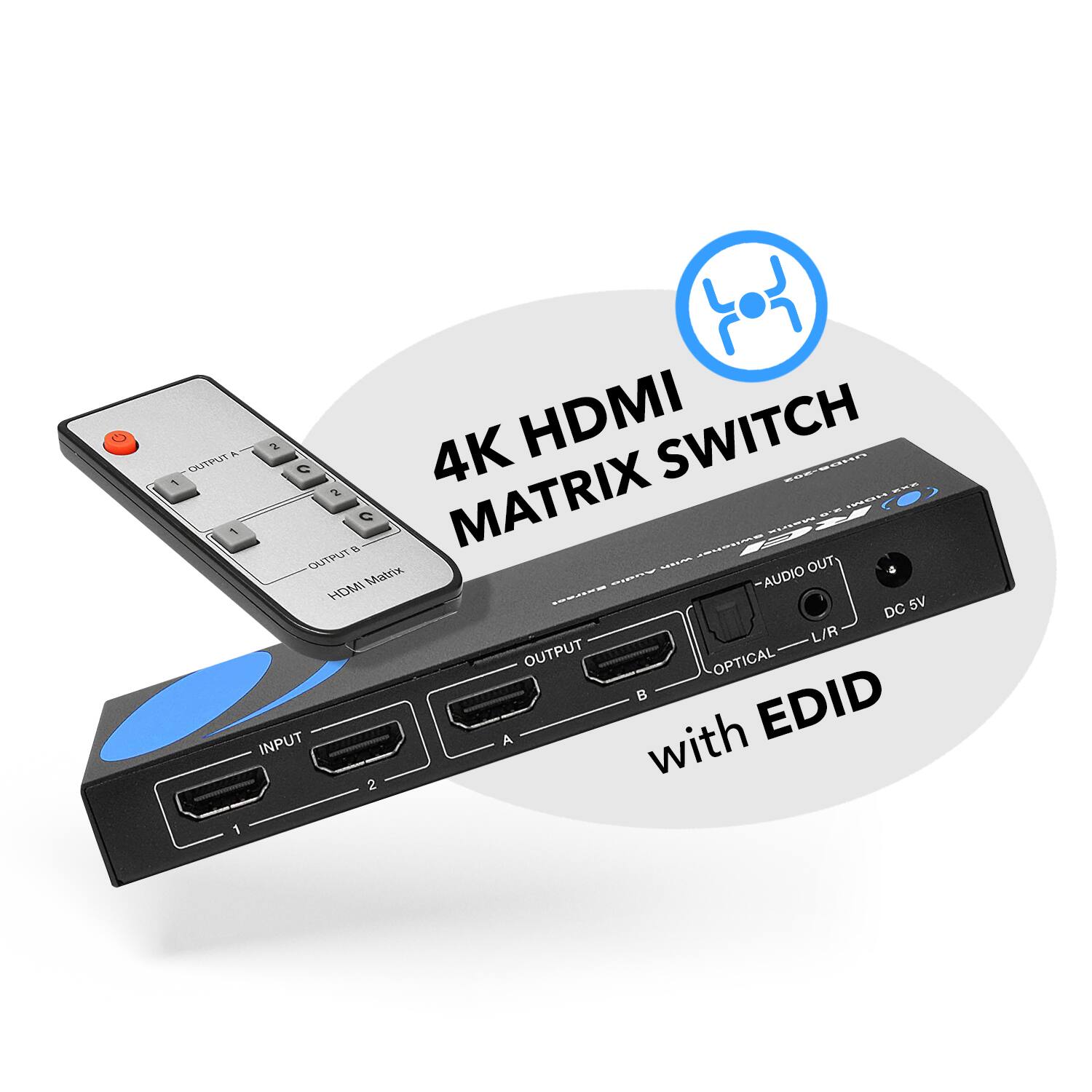 2 INPUT 1 -- 2 OUTPUT 1 -- 2 MATRIX SWITCH 1 -- 1 RCEE & OUTPUT -- OUT Matr SET AUDIO HDMI 5V DC L/R OUTPUT OPTICAL  INPUT A with EDID
