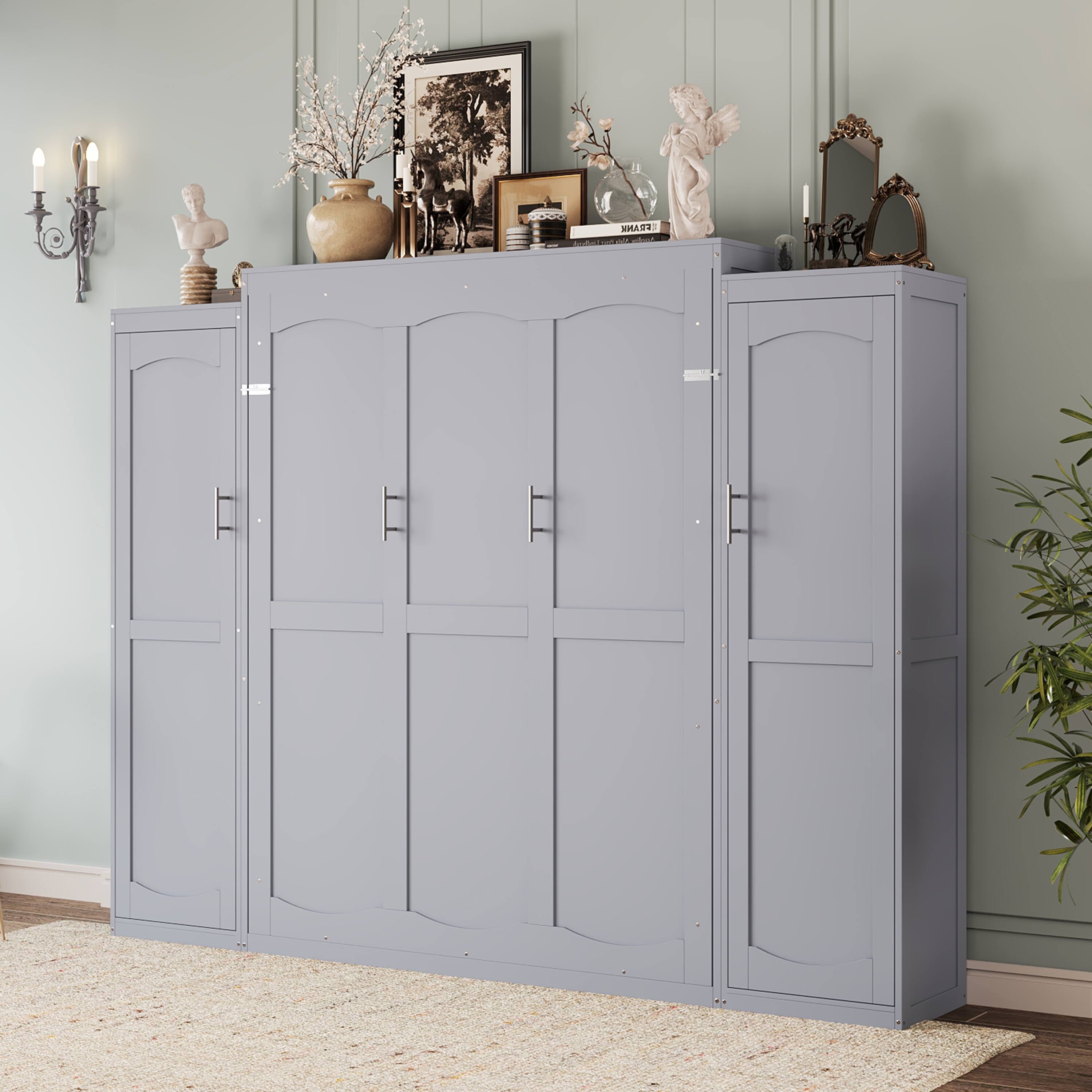Left. Tiramisubest - Full Size Murphy Bed with 2 Wardrobe and Storage Shelf, Multifunctional Foldable Platform Bedframe, Gray - Gray.