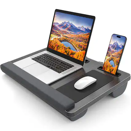 Front. PARKER SLATER - Laptop Lap Desk Portable Large For Bed Up Table With Wrist Rest Mouse Pad Tablet Phone Slot Handle Cushion.