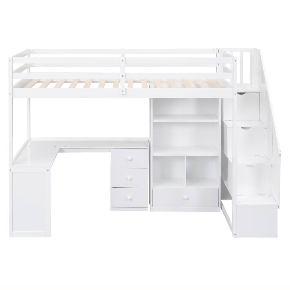 Alt View 8. Loheer - Loheer Twin Loft Bed with Desk, White Loft Bed with Storage Stairs - White.