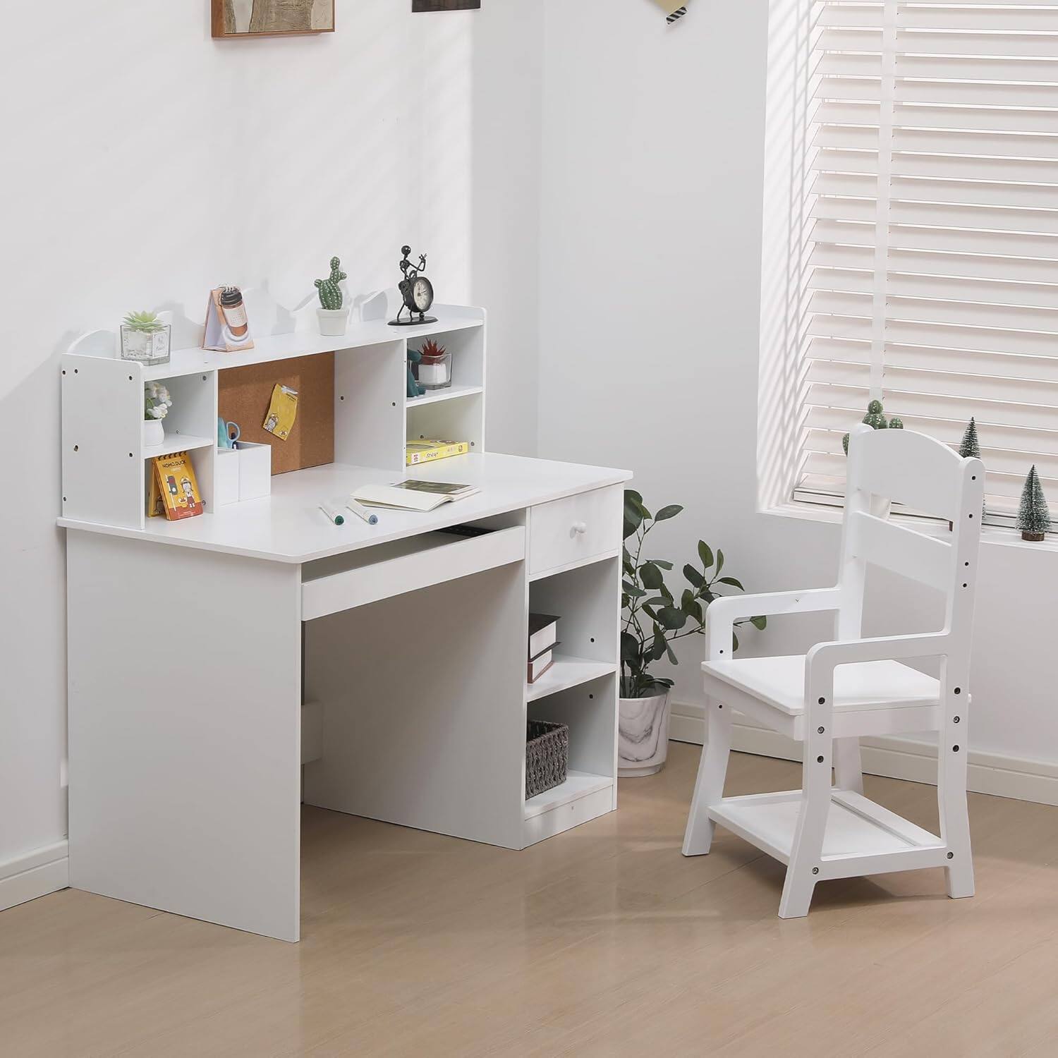 Left. GARVEE - Study Desk and Chair Set,Learning Desk for Kids,Features Bulletin Board, Keyboard Drawer,Open Shelves and Storage Space - White.