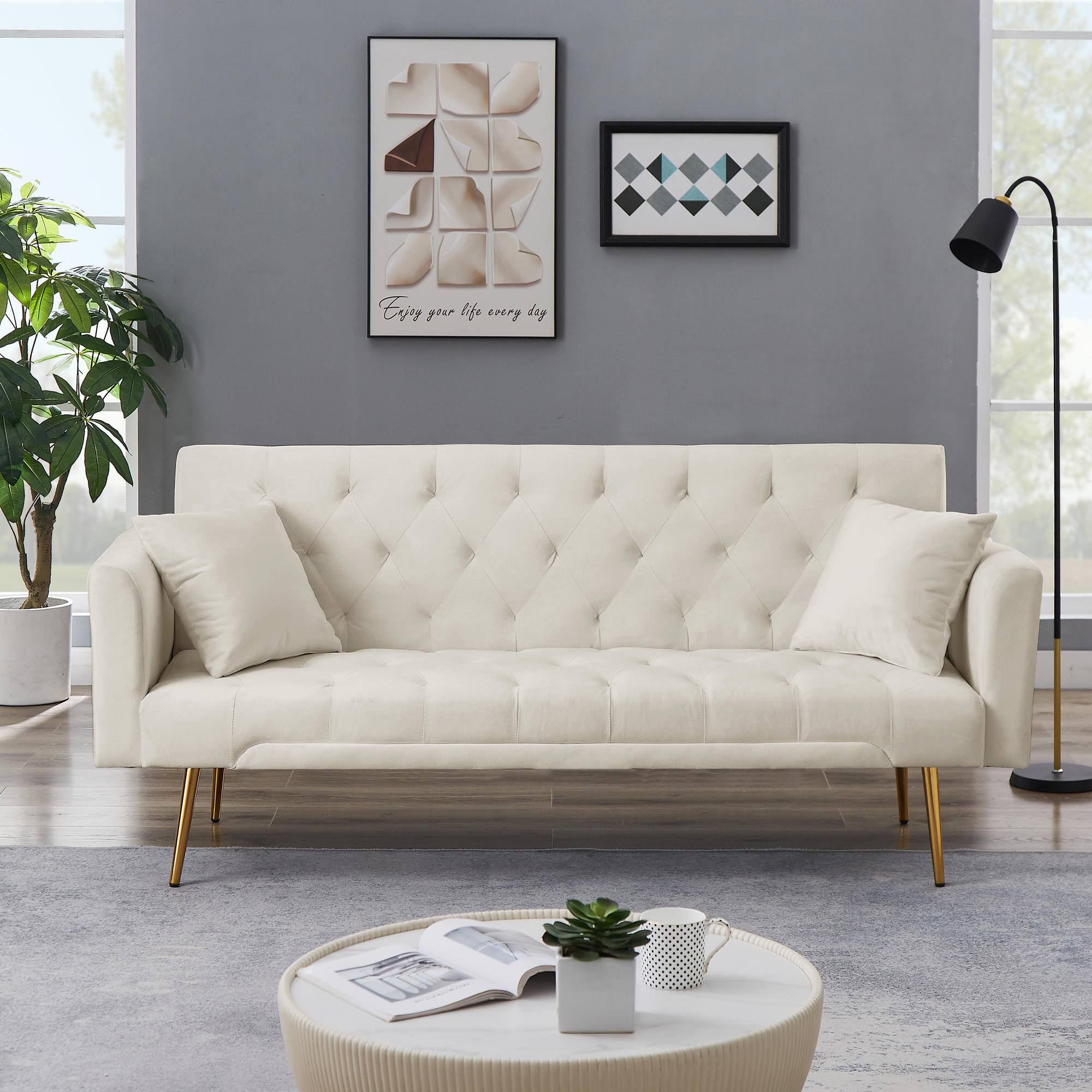 Meqiodas - Convertible Sofa Bed Modern Futon Set, Velvet Foldable Reclining Loveseat, Three Adjustment Angles, Easy Assembly - BEIGE