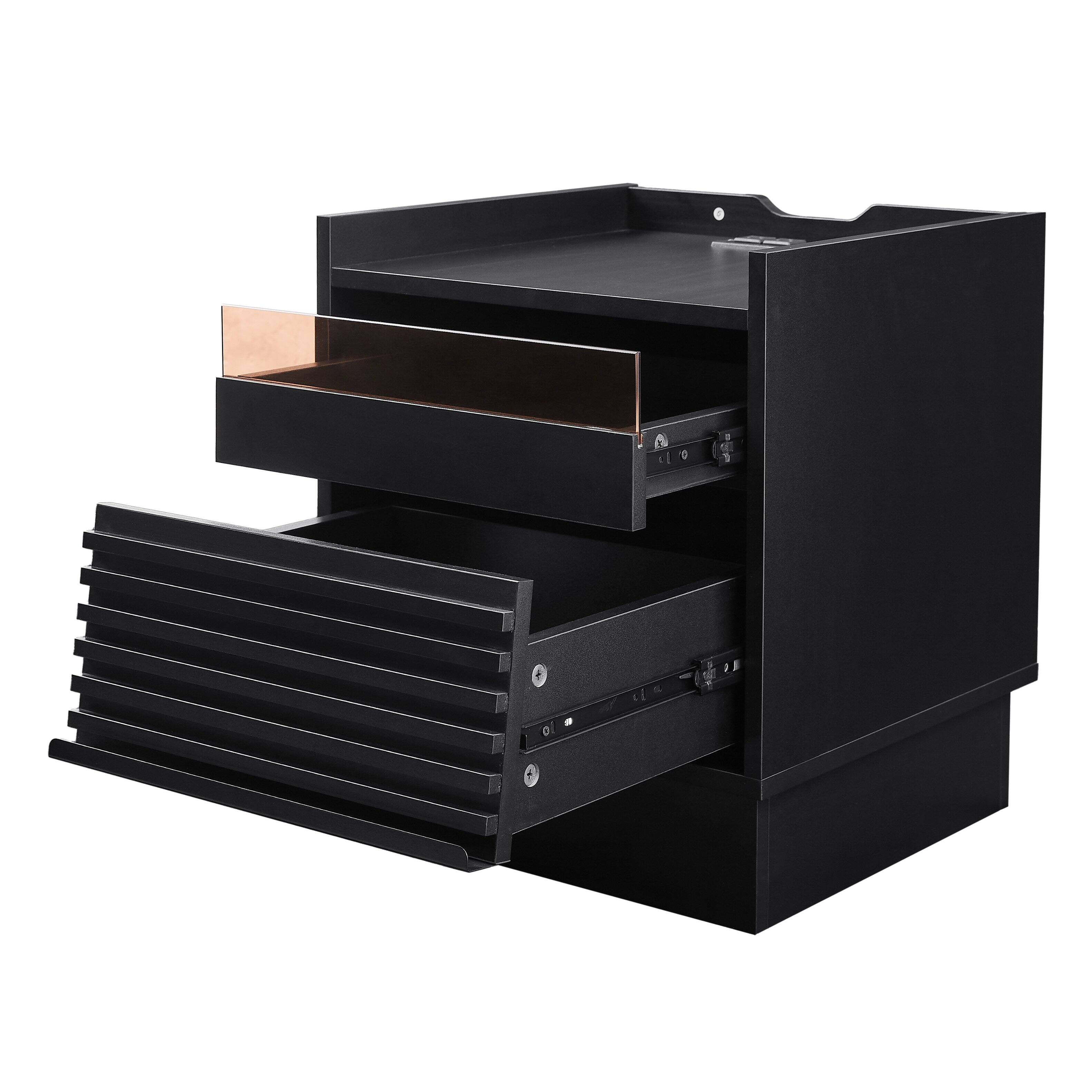 Left. Whisen - Mid-Century Modern Nightstand with Charging Station,LED Lights and 2 Drawers for Bedroom Storage - Black.