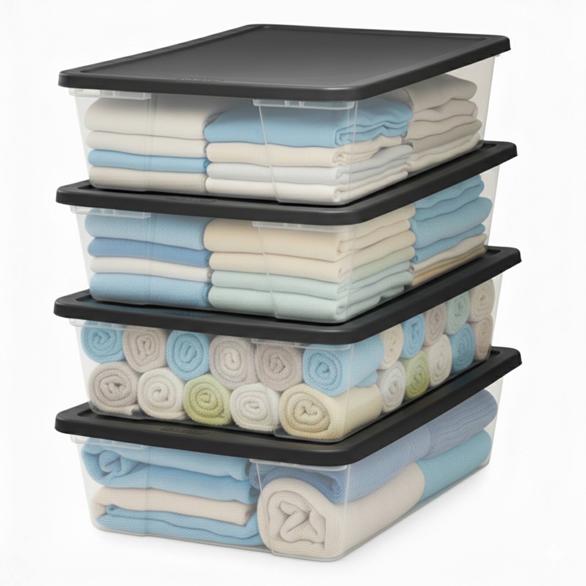 Front. Homz - Homz 41 Quart Stackable Plastic Storage Containers with Latching Lid (4 Pack) - Clear with Gray Lid.