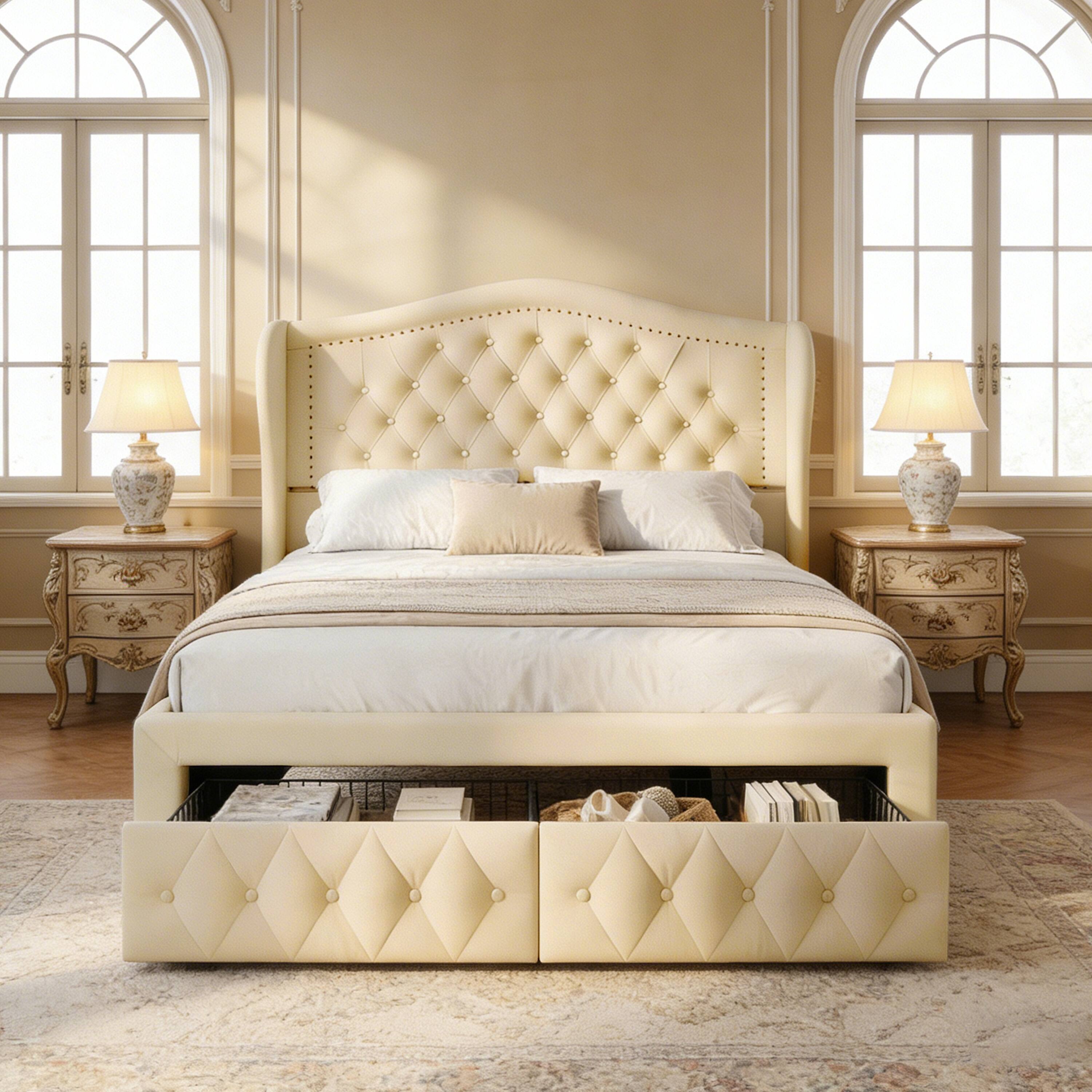 Left. Dyonery - Queen bed frame, 52.6 inches high, with two drawers, velvet soft packaging, sewn headboard, vintage design. - Gold.