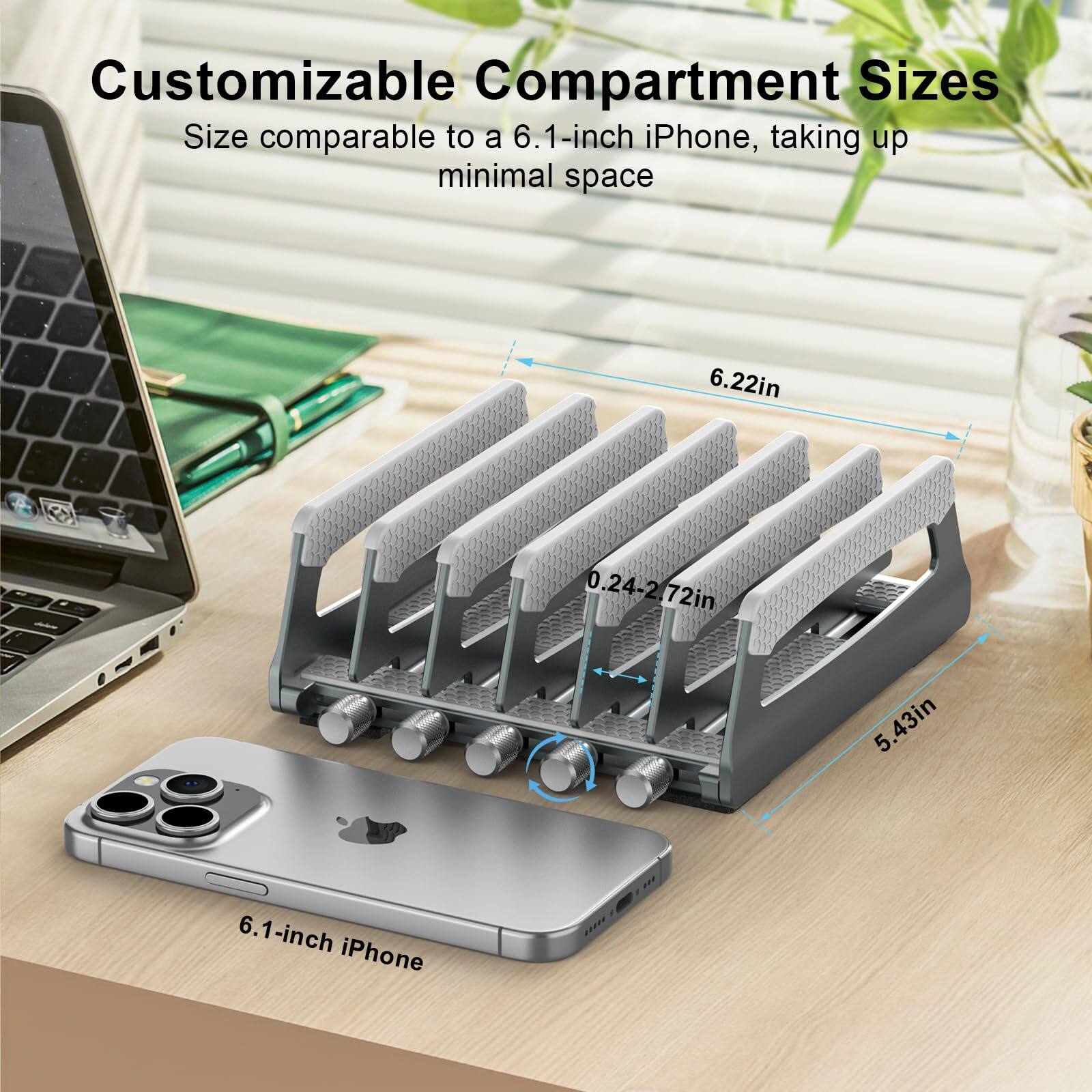 Customizable Compartment Sizes  
Size comparable to a 6.1-inch iPhone, taking up minimal space  

6.22in  
0.24-2.72in  
5.43in  

6.1-inch iPhone