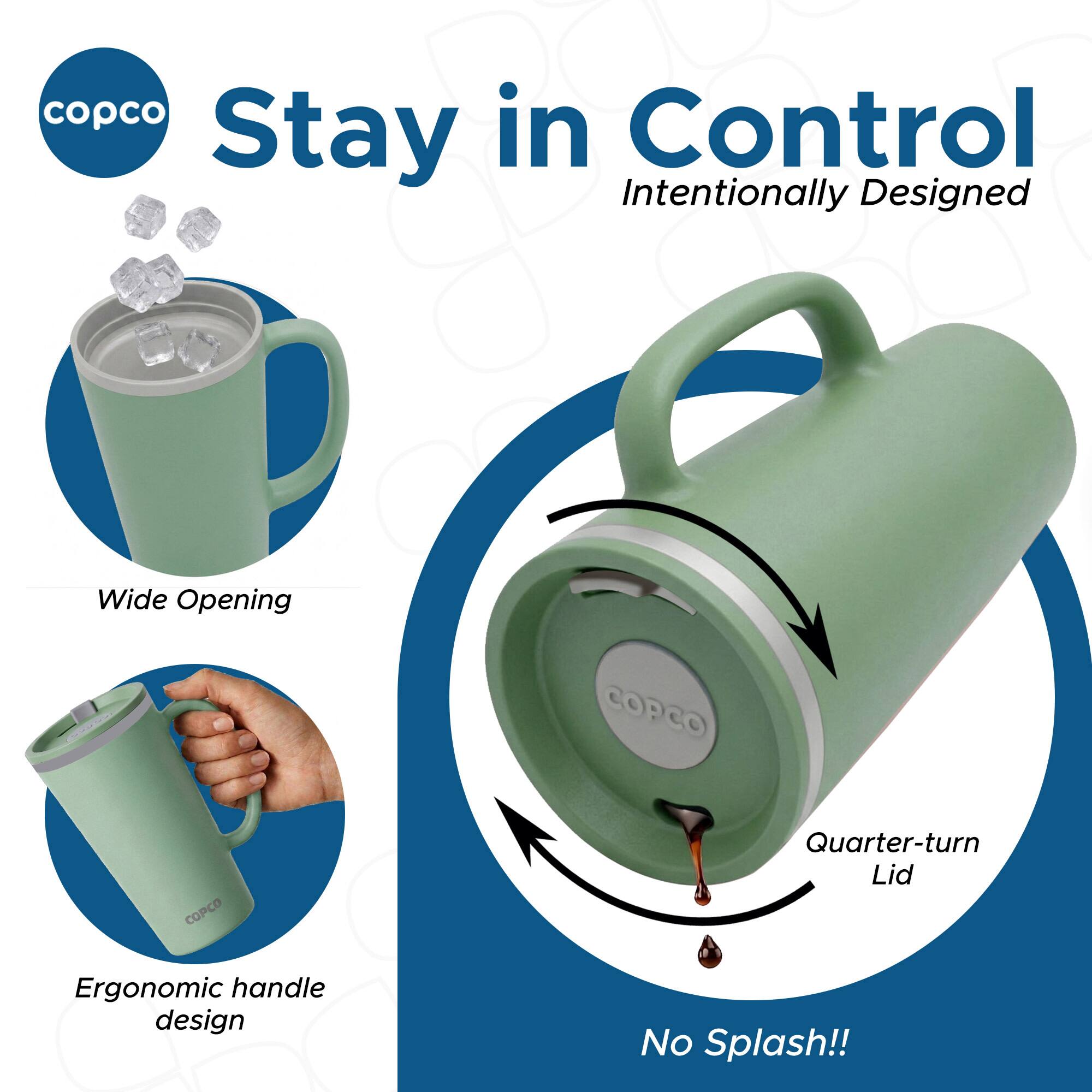 Stay in Control  
Intentionally Designed  

Wide Opening  
COPCO Quarter-turn Lid  
Ergonomic handle design  
No Splash!!