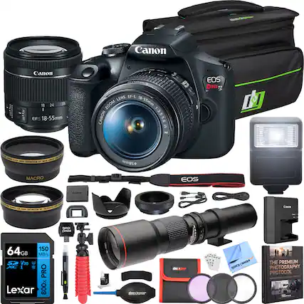 Canon EOS Rebel T7 Camera Kit
- Canon EF-S 18-55mm f/3.5-5.6 IS STM Lens
- Canon EF-S 55-250mm f/4-5.6 IS STM Lens
- Canon Speedlite 430EX III-RT Flash
- Canon LP-E17 Battery
- Canon Battery Charger
- Canon Camera Bag
- 64GB Lexar 800x SDXC UHS-II Memory Card
- 150 MB/s V30
- Beach Camera Premium Photography Protocol Book
- Various accessories including lens caps, tripod, remote shutter, cleaning cloth, and more