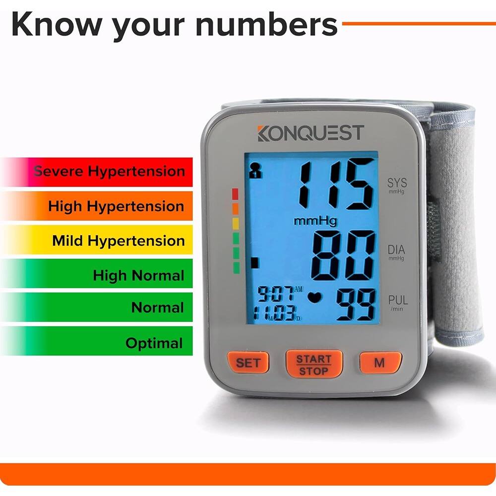 Know your numbers

Severe Hypertension  
High Hypertension  
Mild Hypertension  
High Normal  
Normal  
Optimal  

KONQUEST  
115 mmHg SYS  
80 mmHg DIA  
9:07 AM  
99 PUL /min  
11:03 D  

SET START STOP M