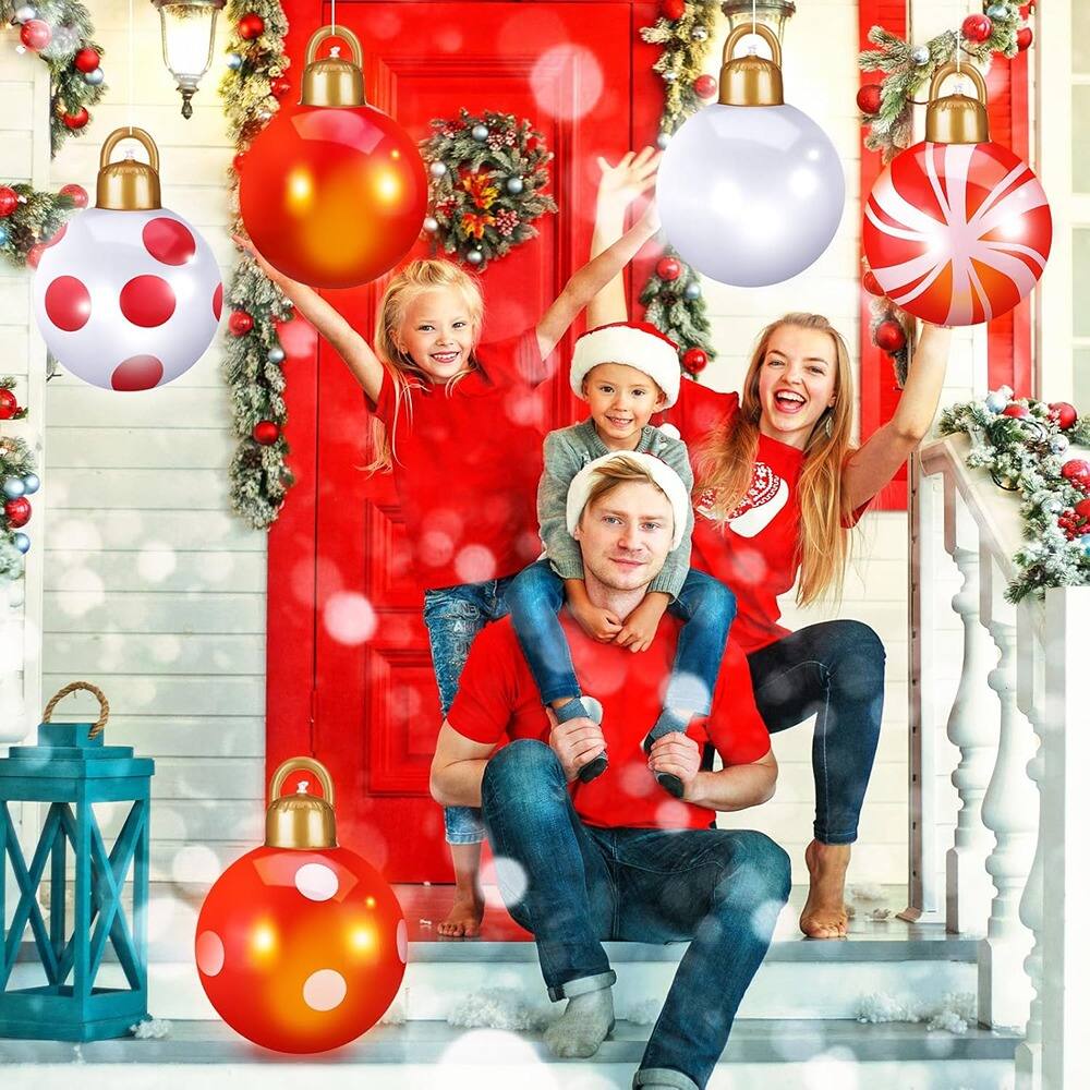 Angle. RTMB - 8-Pack 12" Light-Up Inflatable Christmas Balls, PVC Holiday Yard Décor - Red, White.