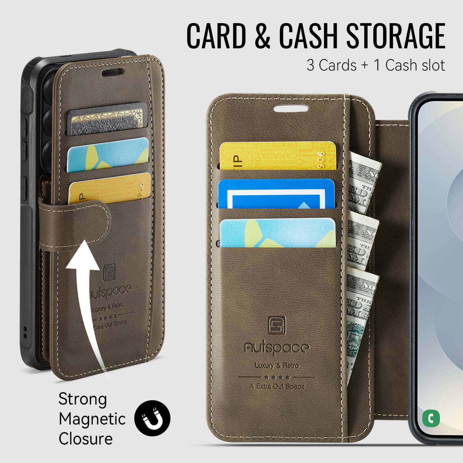 CARD & CASH STORAGE  
3 Cards + 1 Cash slot  

CANADA P SP 80K SONYIGHIIN ONV MOROCCOS  
CANADA P SP UAMINGHAM 906  

Luxury & Retro  
A Extra Out Space  

Strong Magnetic Closure