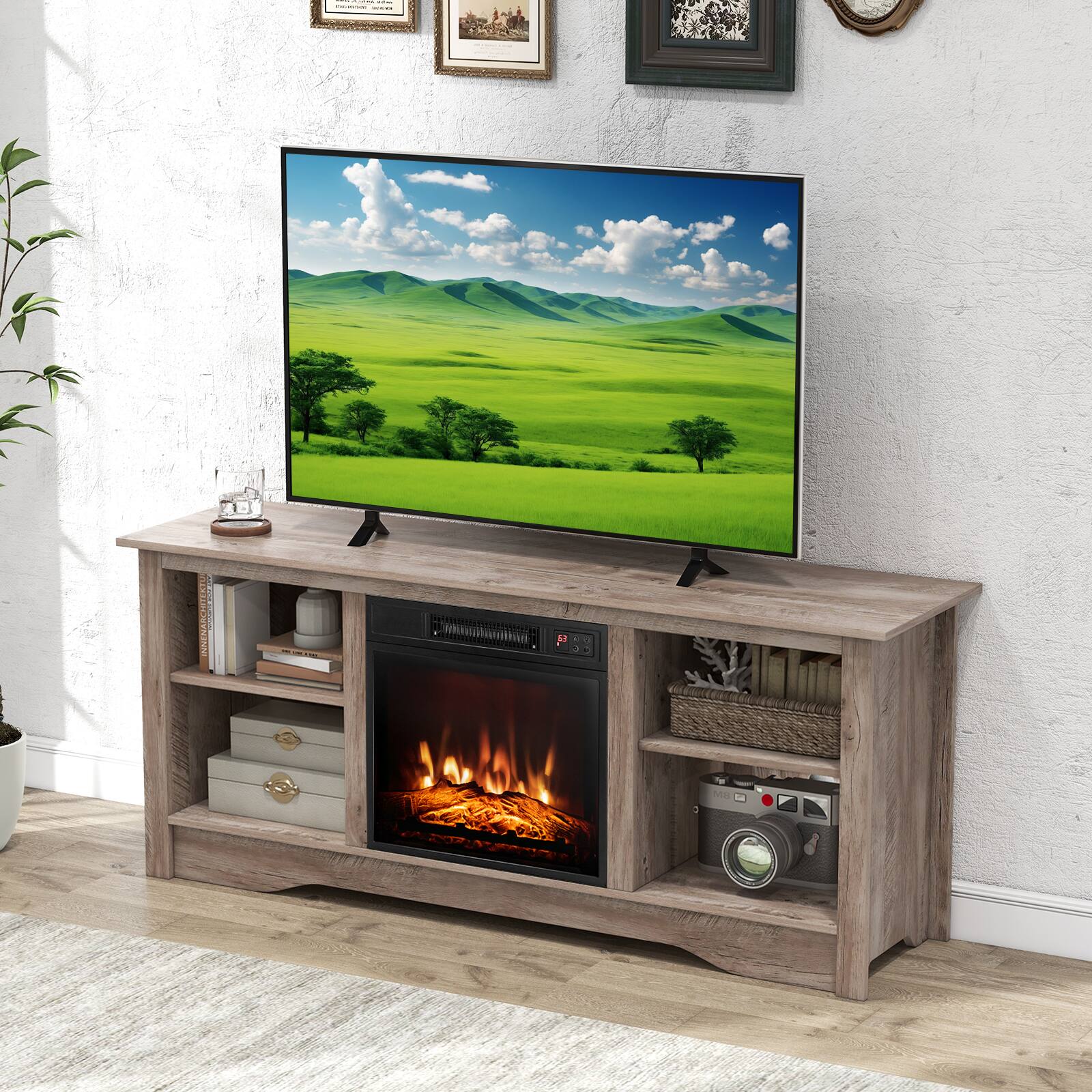 Alt View 4. SlickBlue - TV Stand for up to 65 Inch TVs with 18 Inch Electric Fireplace and Adjustable Shelves - Grey.