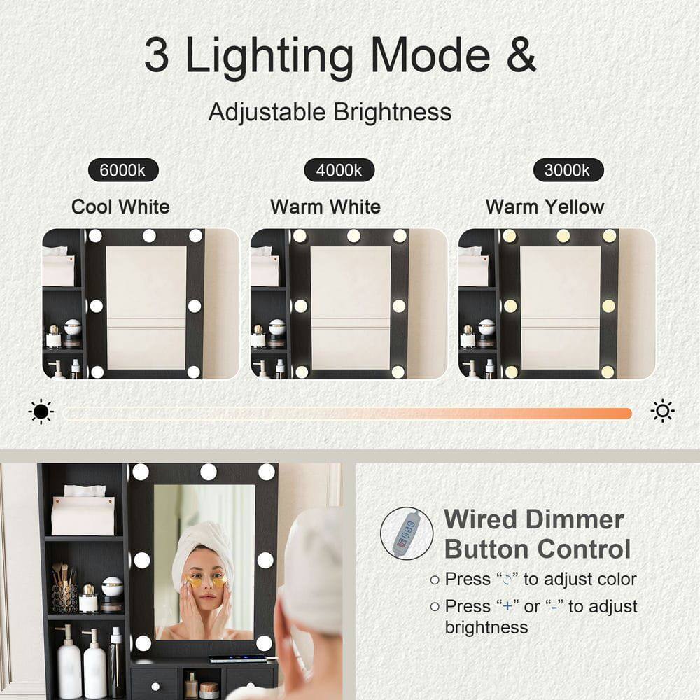 3 Lighting Mode & Adjustable Brightness

6000k Cool White  
4000k Warm White  
3000k Warm Yellow  

Wired Dimmer Button Control  
- Press "O" to adjust color  
- Press "+" or "-" to adjust brightness