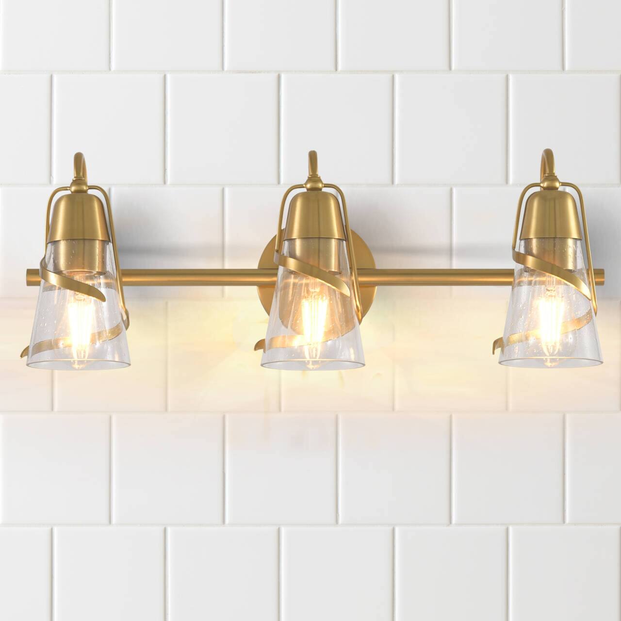 Alt View 1. Parrot Uncle - 24" Modern Gold 3-Light Bathroom Vanity Sonces Wall Light with Seeded Glass Shades - Gold, Clear.